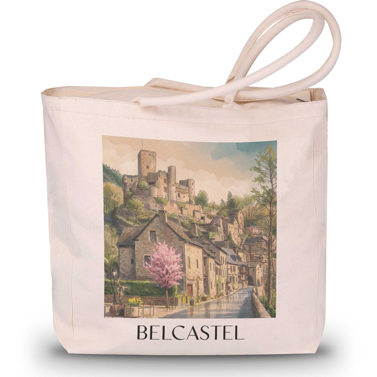 belcastel-vallée-de-l'aveyron-frankreich-einkaufstasche-aquarell