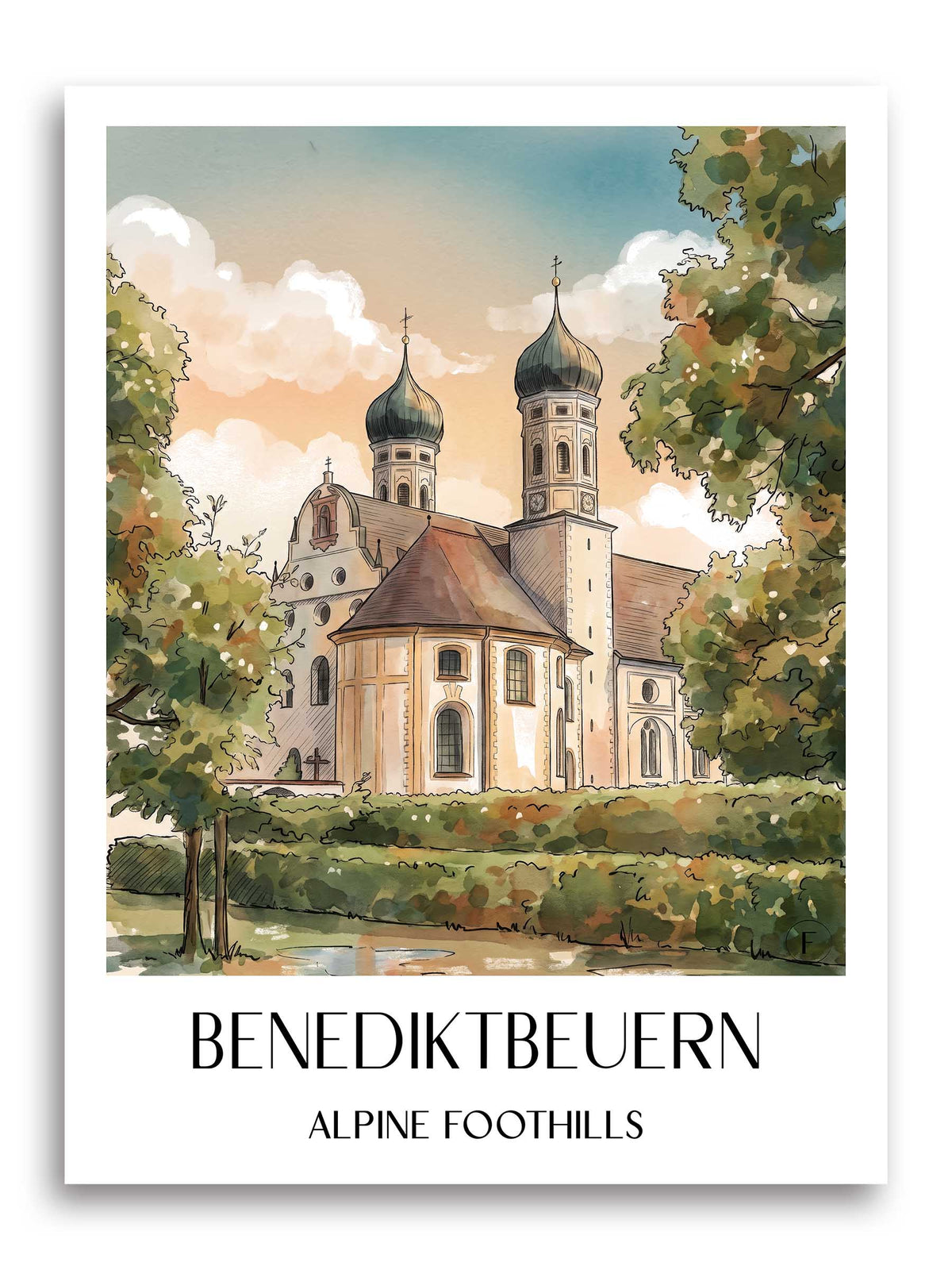 Benediktbeuern Poster - Alpenvorland - Deutschland Kunstdruck - Aquarell von A4 bis A1 - favplace
