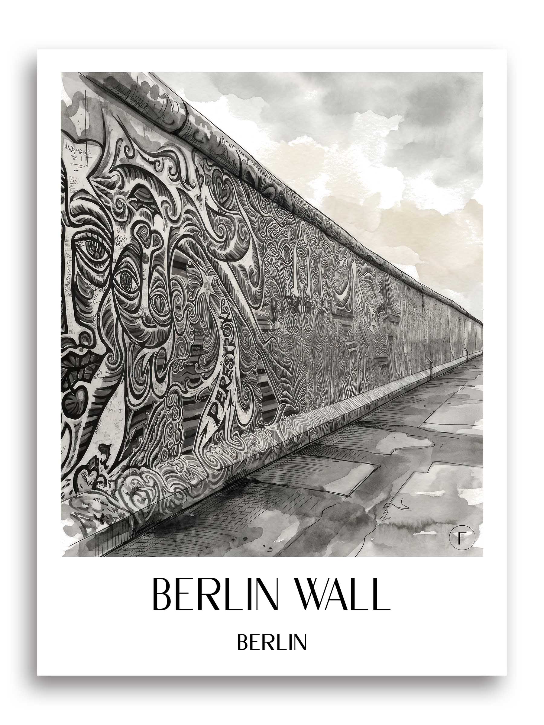 Berliner Mauer Poster - Berlin - Deutschland Kunstdruck - Aquarell Schwarz-Weiß von A4 bis A1 - favplace