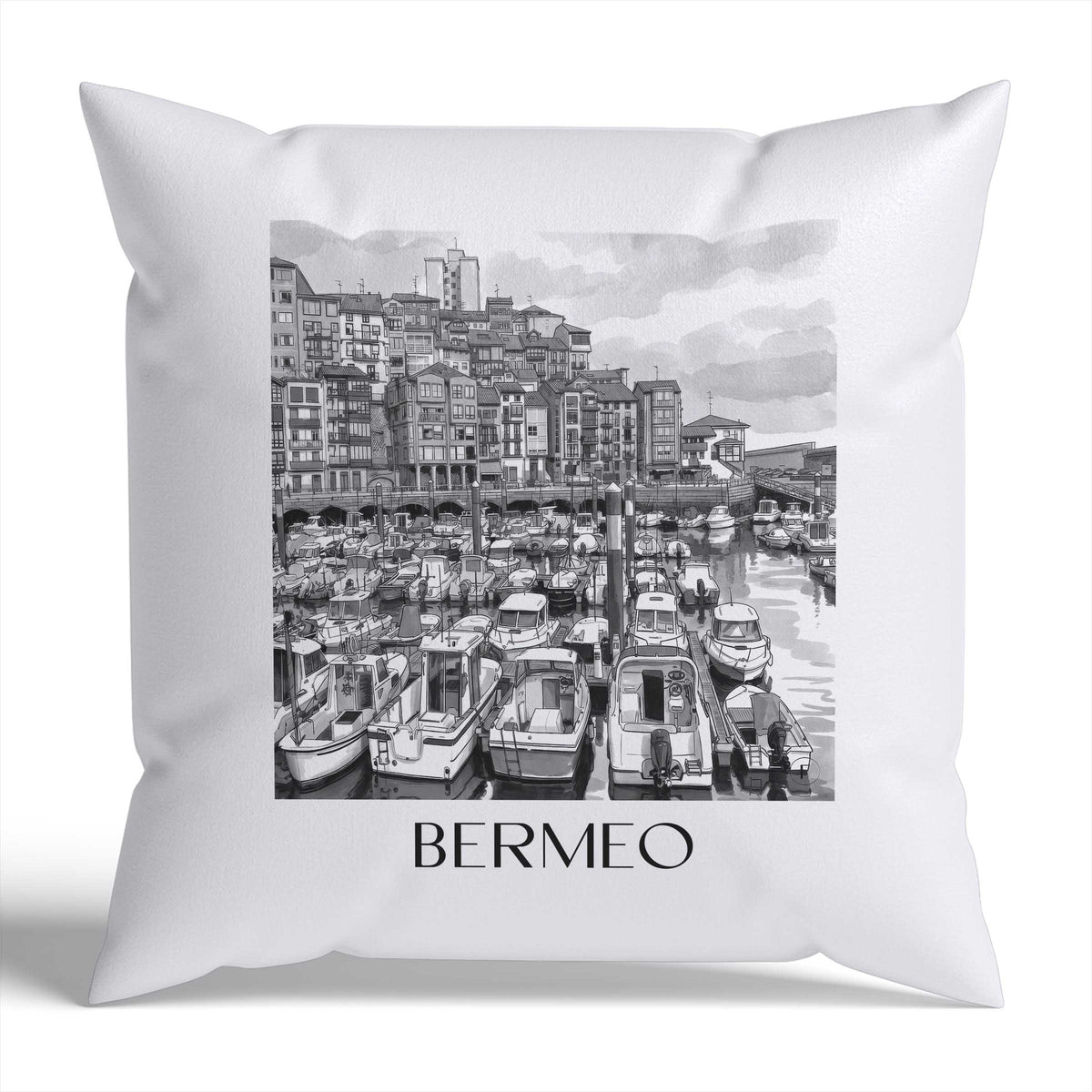 Bermeo Kissenhülle - Zierkissen Bezug - Spanien - Spanien Kissen bzw. Kissenbezug im Aquarell Schwarz-Weiß Stil - favplace
