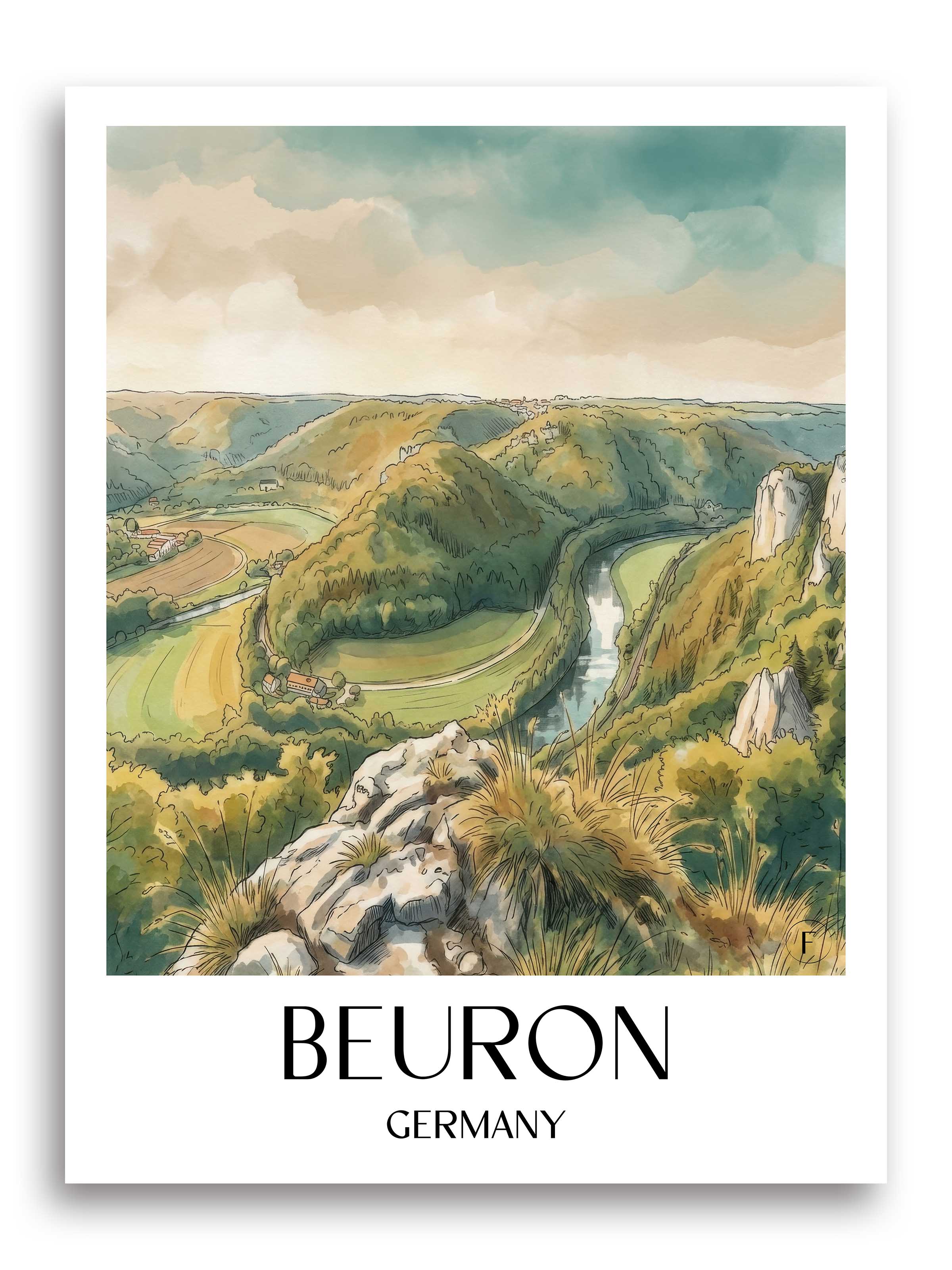 Beuron Poster - Donautal - Deutschland Kunstdruck - Aquarell von A4 bis A1 - favplace