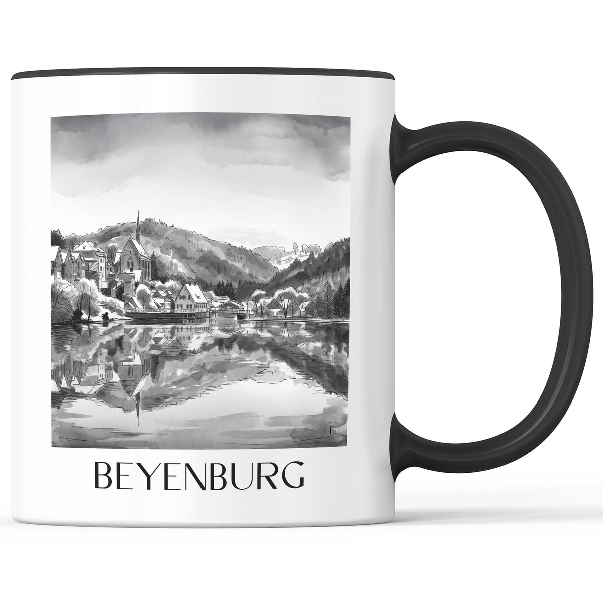 Beyenburg Kaffeebecher - Wuppertal - Deutschland Becher - Kaffeetasse im Aquarell Schwarz-Weiß Stil - favplace