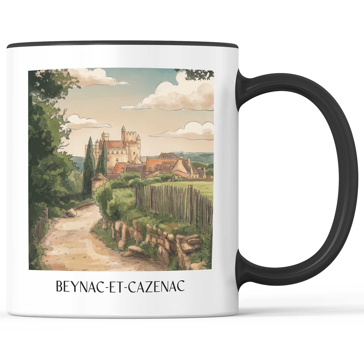 beynac-et-cazenac-périgord-noir-frankreich-kaffeebecher-aquarell