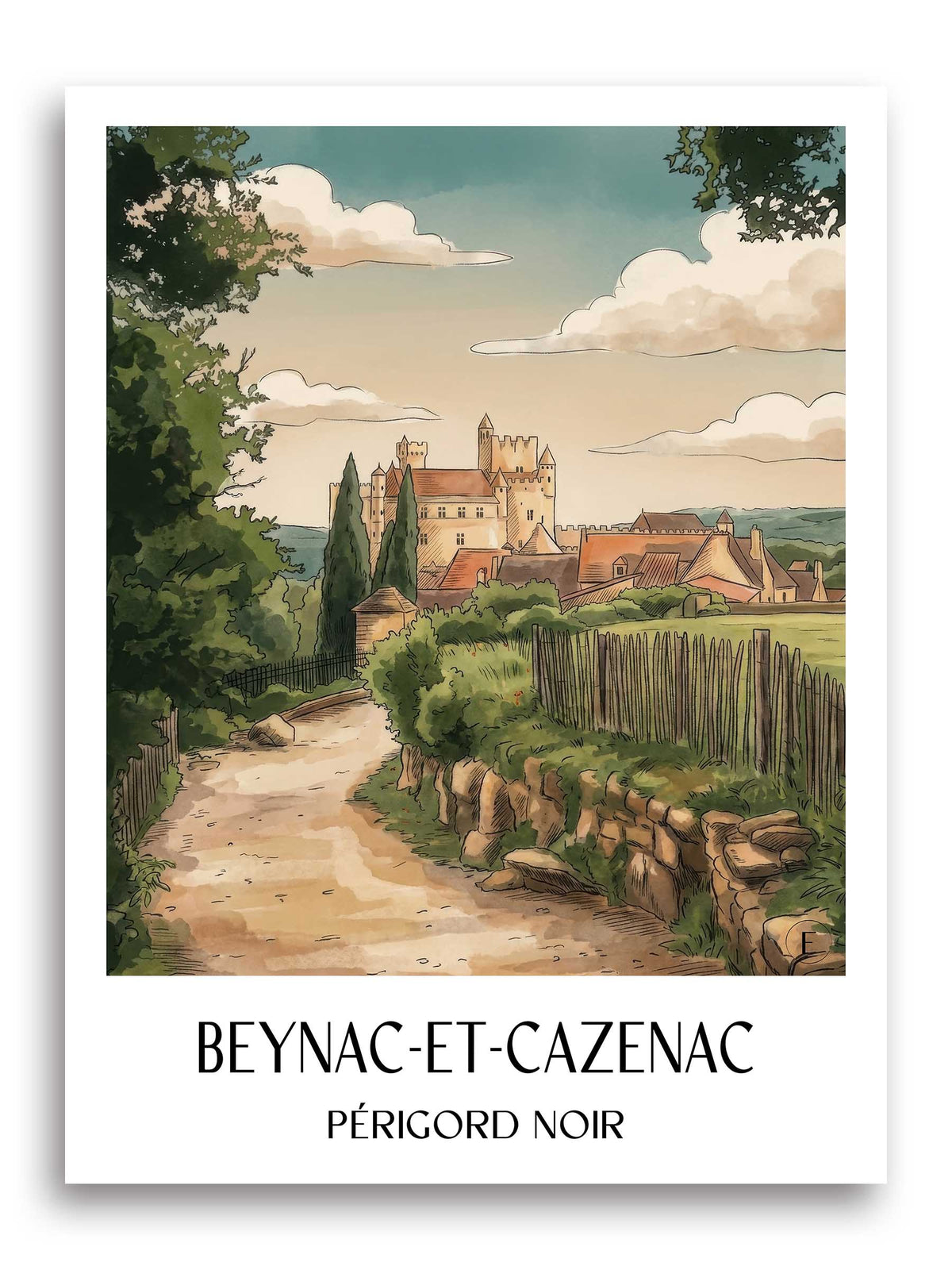 beynac-et-cazenac-périgord-noir-frankreich-poster-aquarell