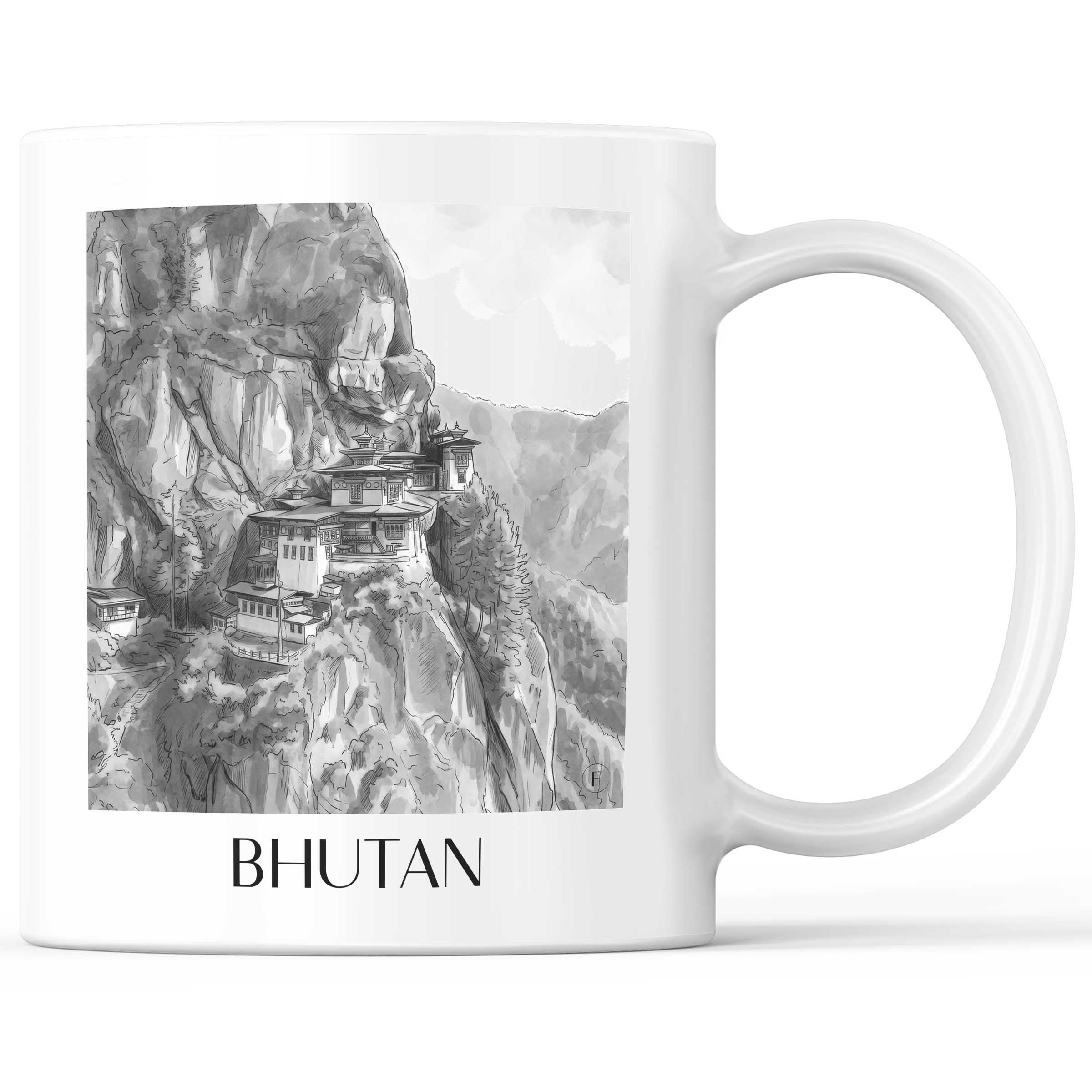 Bhutan - Bhutan Becher - Kaffeetasse im Aquarell Schwarz-Weiß Stil - favplace