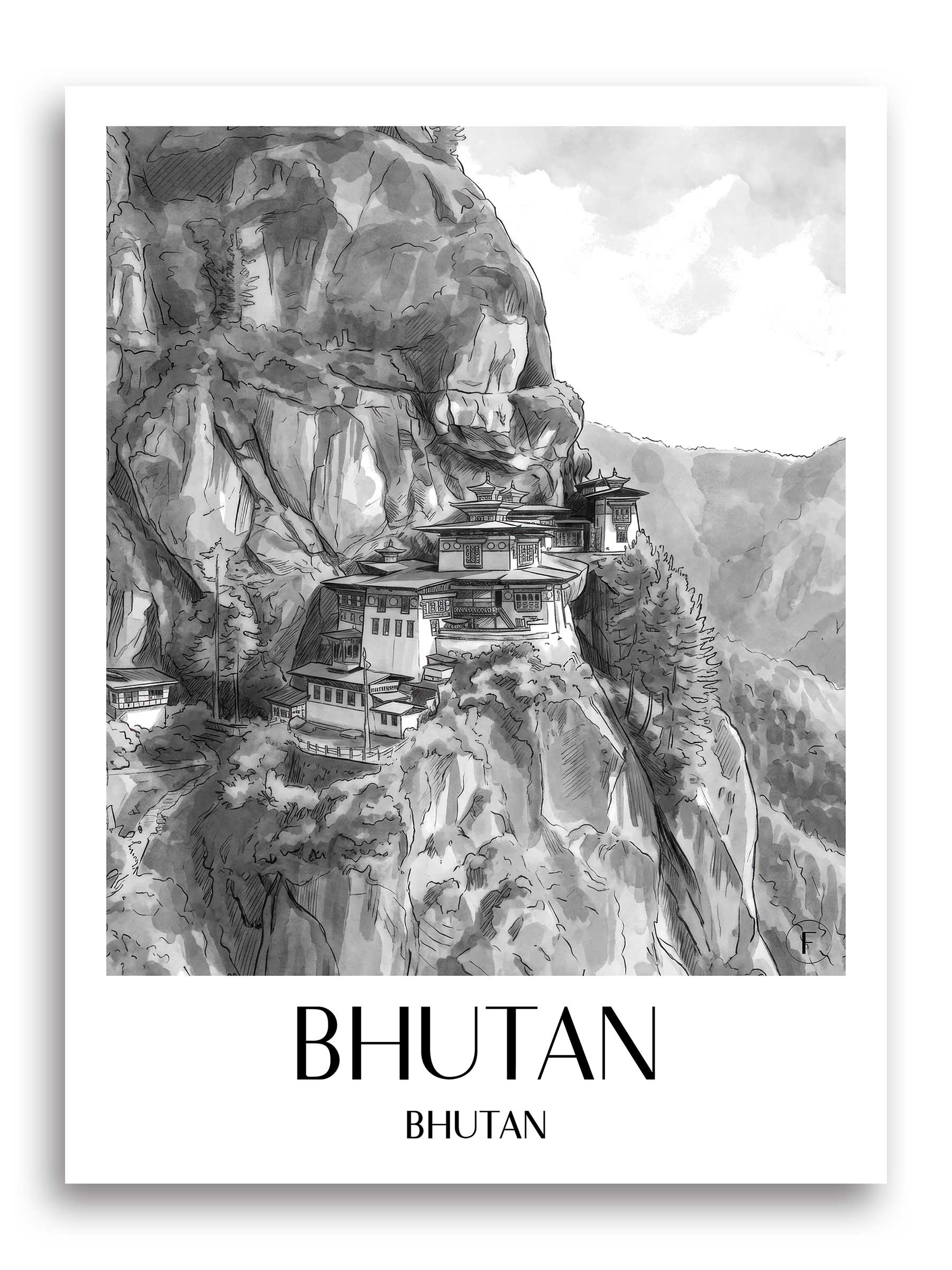 Bhutan Poster - - Bhutan Kunstdruck - Aquarell Schwarz-Weiß von A4 bis A1 - favplace