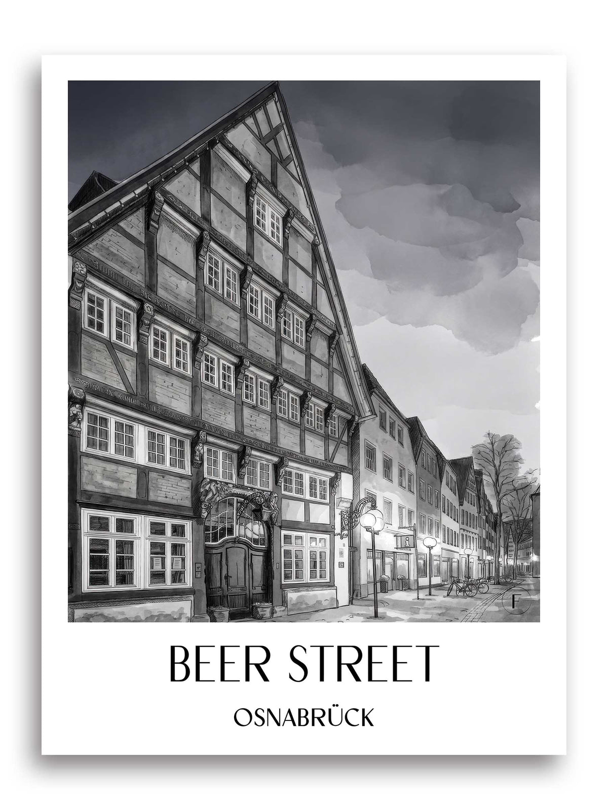Bierstraße Poster - Osnabrück - Deutschland Kunstdruck - Aquarell Schwarz-Weiß von A4 bis A1 - favplace