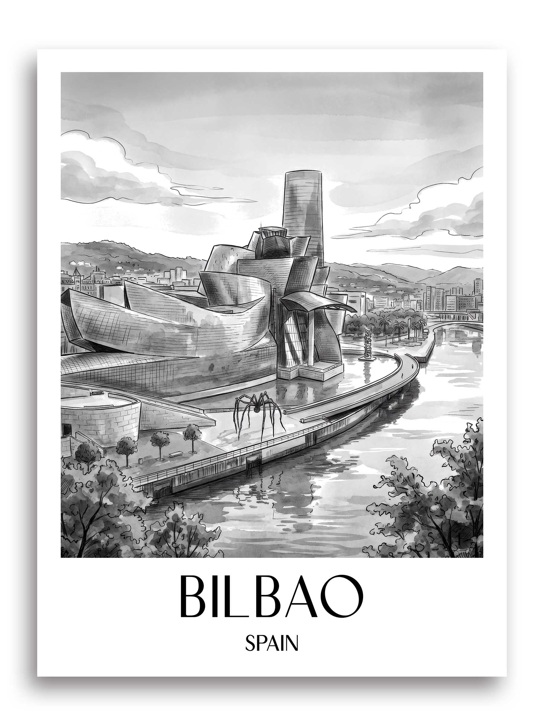 Bilbao Poster - - Spanien Kunstdruck - Aquarell Schwarz-Weiß von A4 bis A1 - favplace