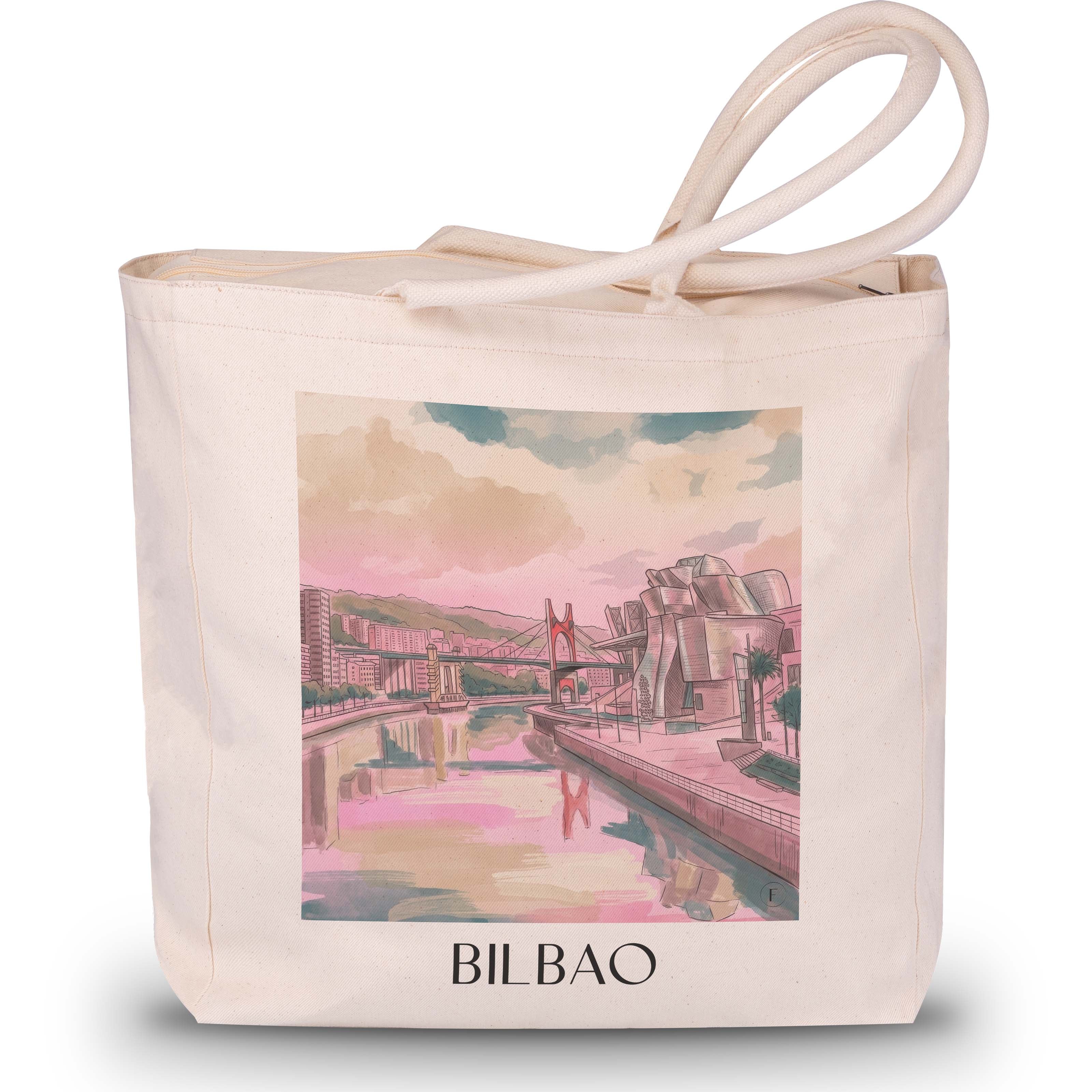Bilbao Shopping Tasche - Spanien - Spanien Tote Bag - Einkaufstasche im Aquarell Pink Stil - favplace