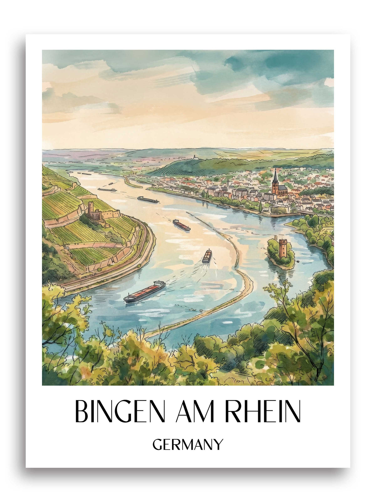 Bingen am Rhein Poster - Rheinhessen - Deutschland Kunstdruck - Aquarell von A4 bis A1 - favplace