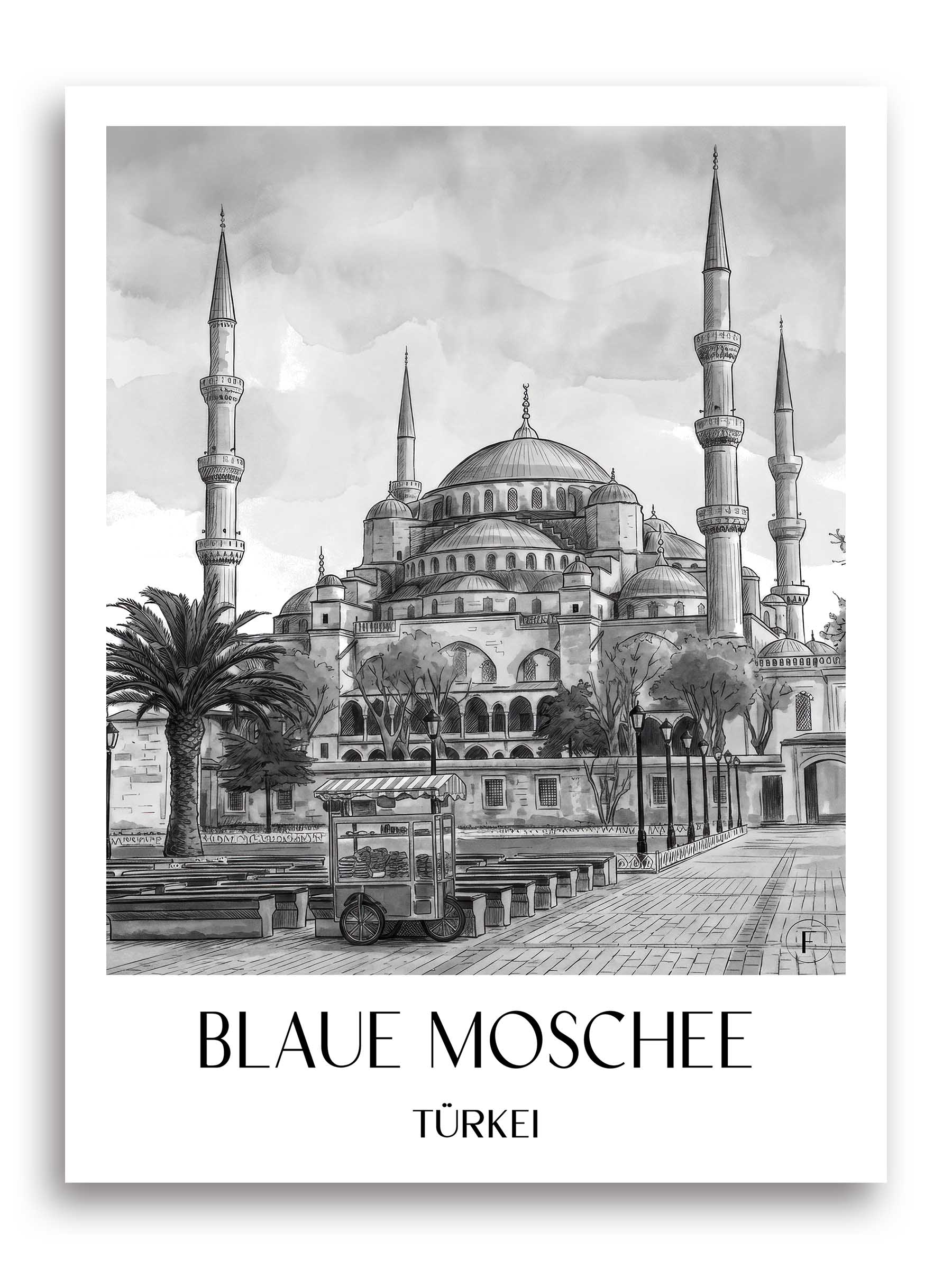 blaue-moschee-türkei-poster-aquarell-schwarz-weiss