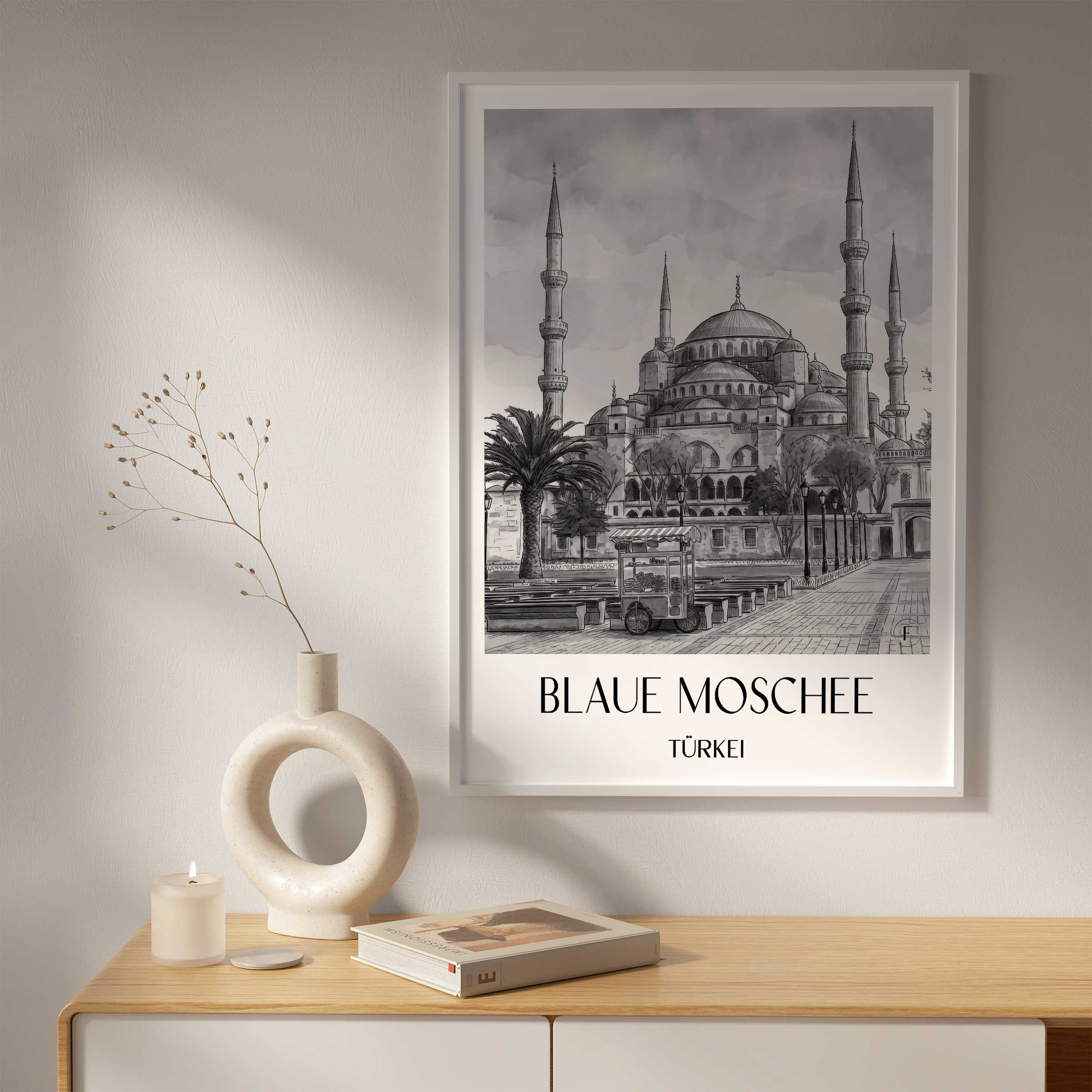 blaue-moschee-türkei-poster-aquarell-schwarz-weiss