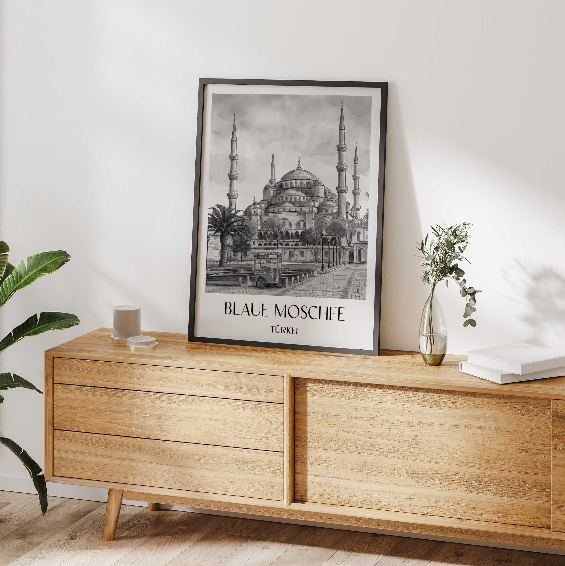 blaue-moschee-türkei-poster-aquarell-schwarz-weiss