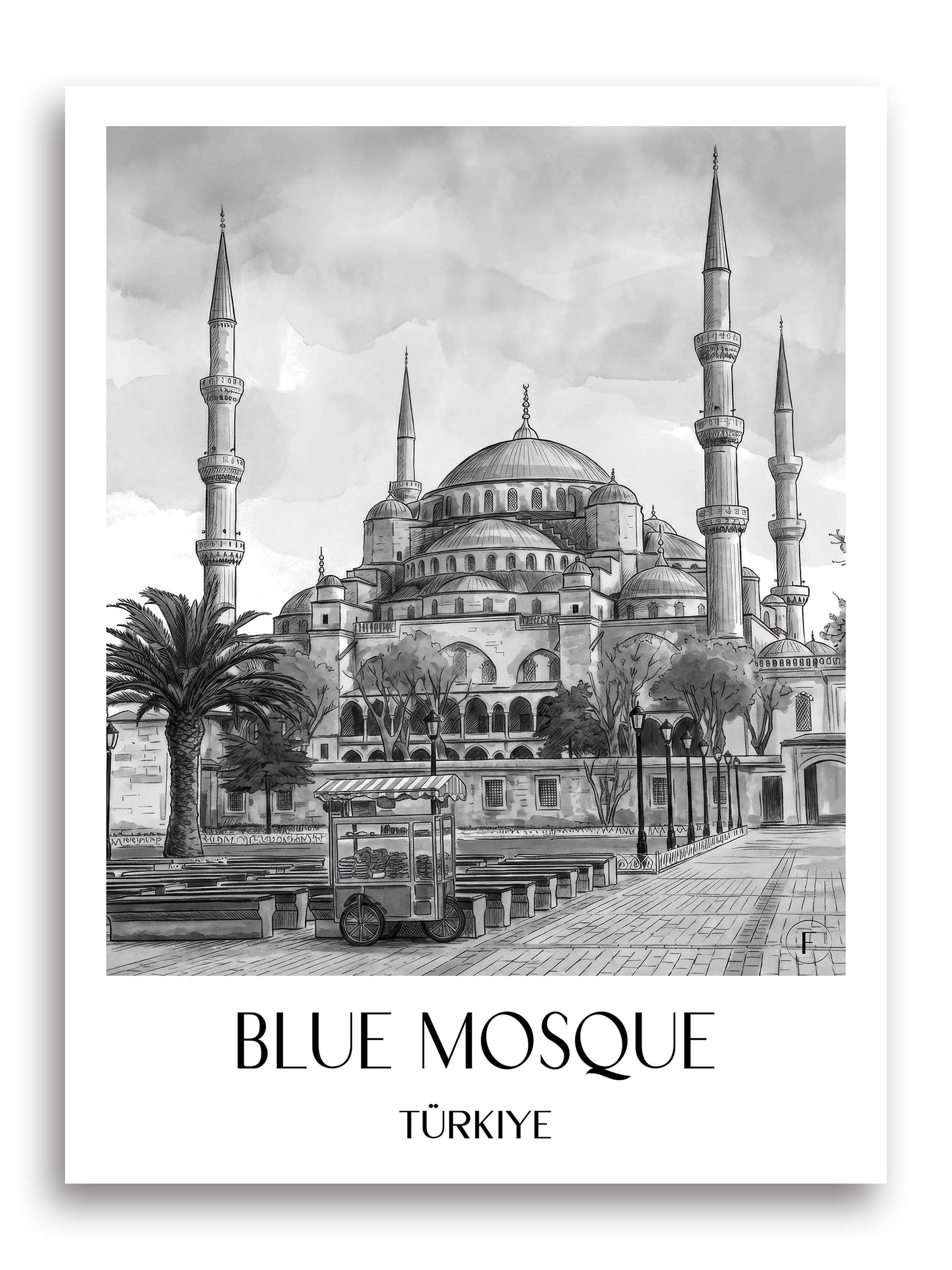 Blaue Moschee Poster - - Türkei Kunstdruck - Aquarell Schwarz-Weiß von A4 bis A1 - favplace