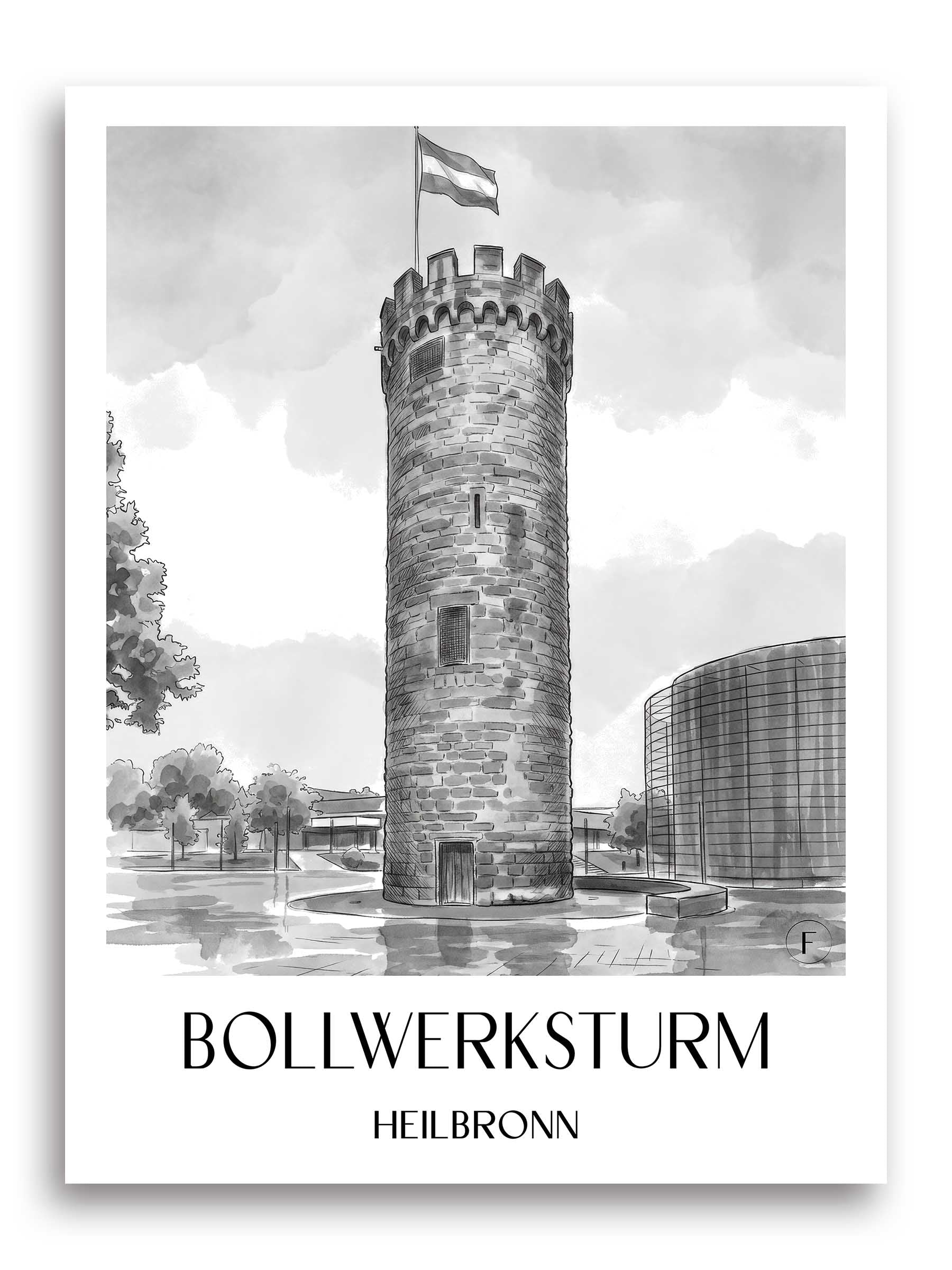 bollwerksturm-heilbronn-deutschland-poster-aquarell-schwarz-weiss