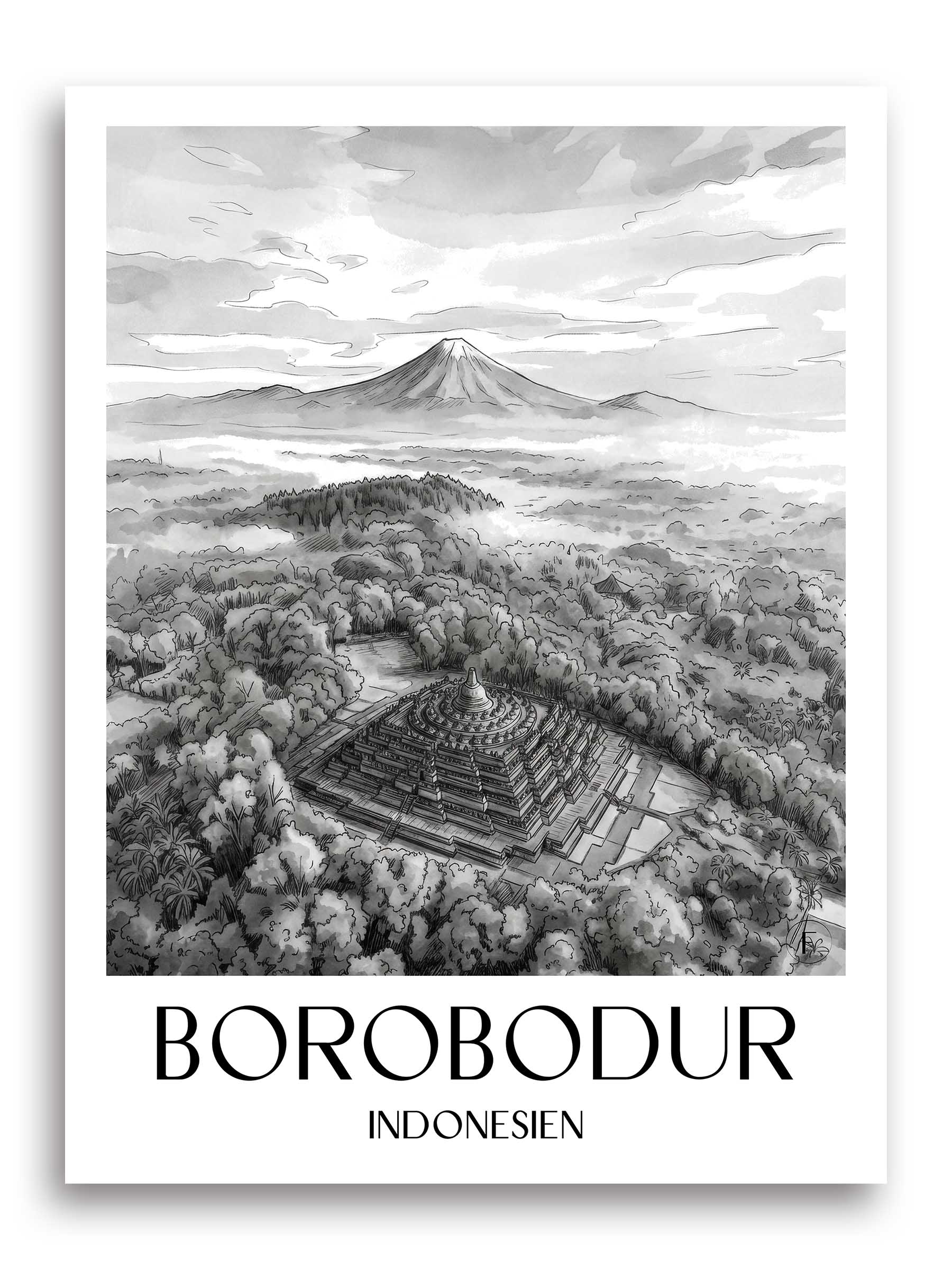 borobodur-indonesien-poster-aquarell-schwarz-weiss