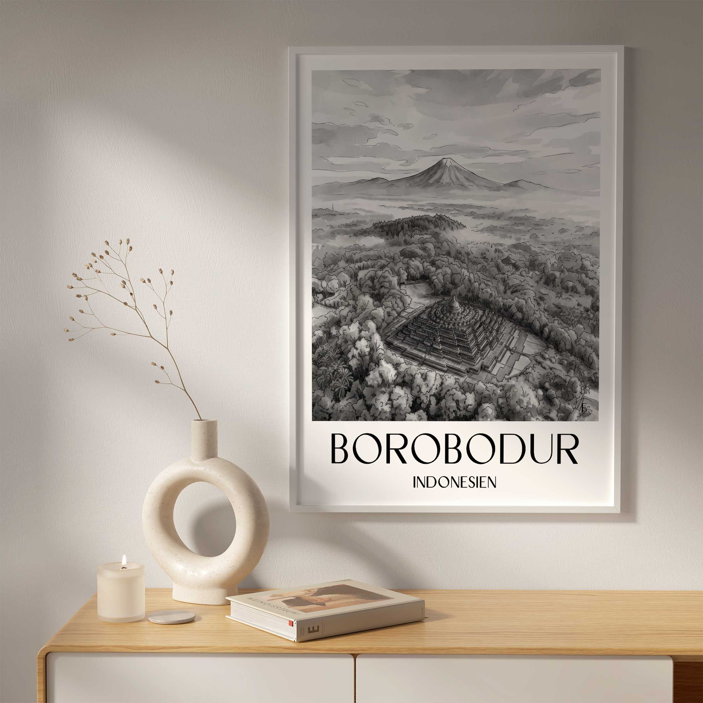 borobodur-indonesien-poster-aquarell-schwarz-weiss