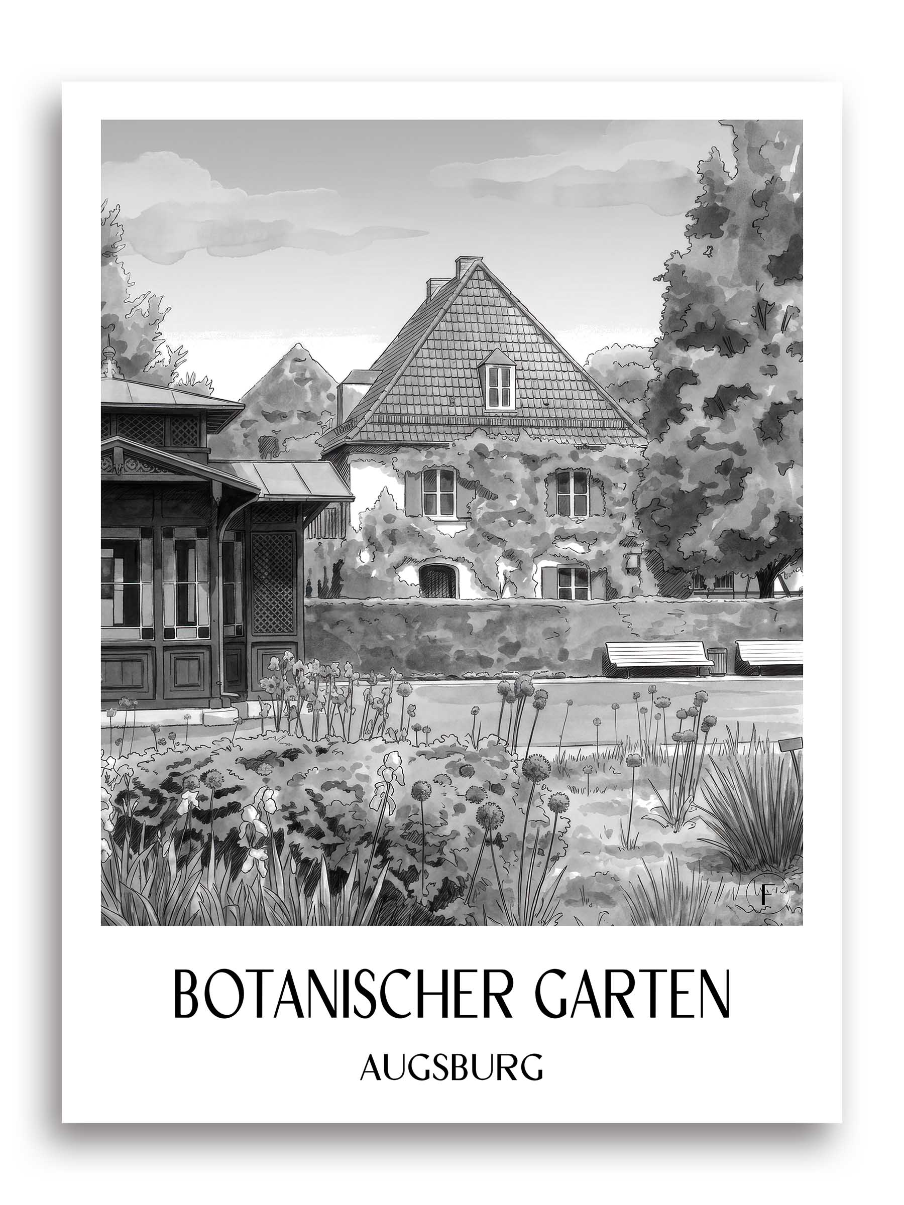 botanischer-garten-augsburg-deutschland-poster-aquarell-schwarz-weiss