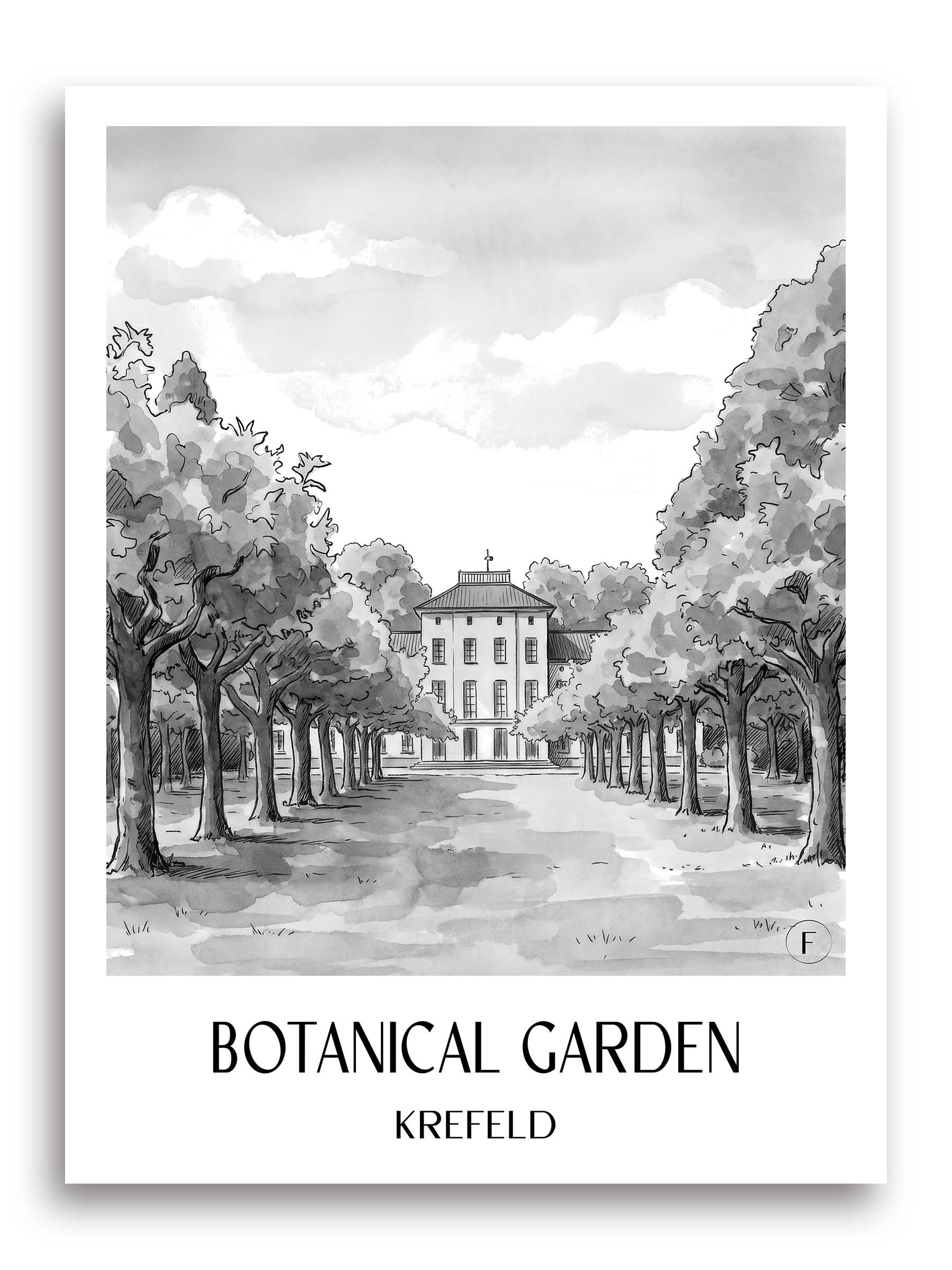 Botanischer Garten Poster - Krefeld - Deutschland Kunstdruck - Aquarell Schwarz-Weiß von A4 bis A1 - favplace