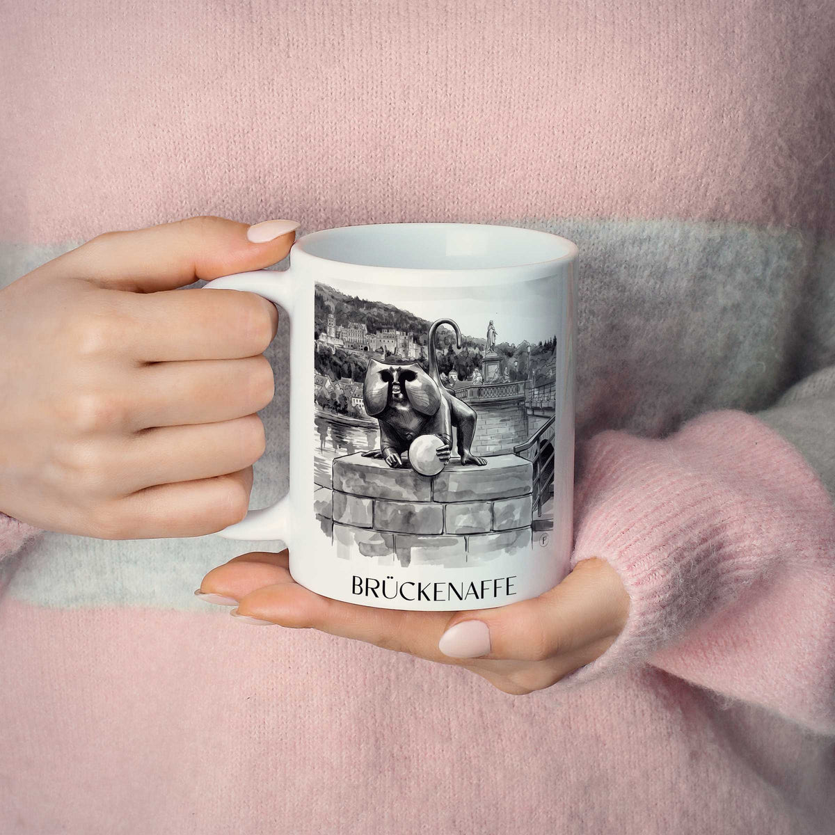brückenaffe-heidelberg-deutschland-kaffeebecher-aquarell-schwarz-weiss