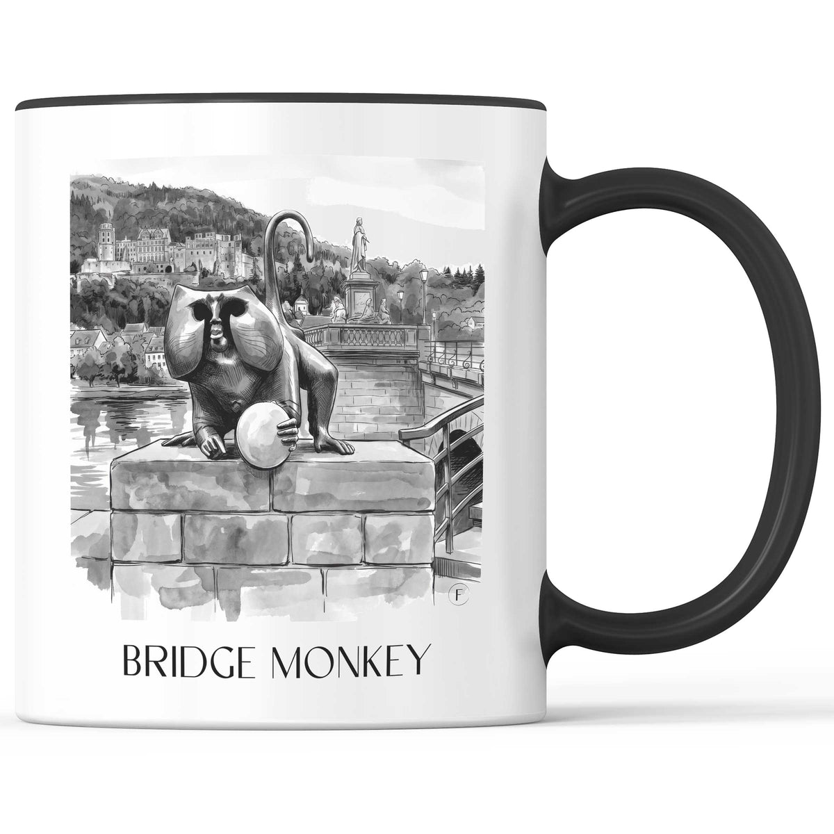 Brückenaffe Kaffeebecher - Heidelberg - Deutschland Becher - Kaffeetasse im Aquarell Schwarz-Weiß Stil - favplace