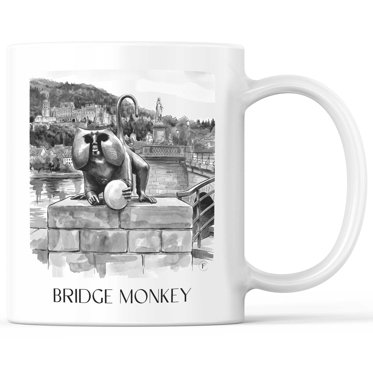 Brückenaffe Kaffeebecher - Heidelberg - Deutschland Becher - Kaffeetasse im Aquarell Schwarz-Weiß Stil - favplace