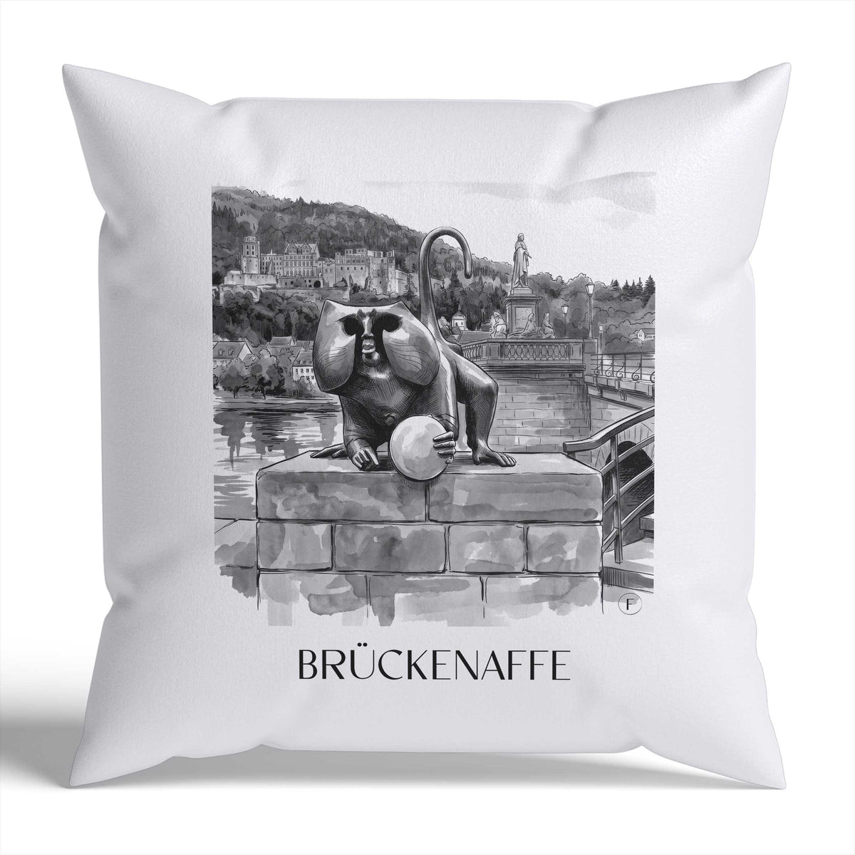 brückenaffe-heidelberg-deutschland-kissenbezug-aquarell-schwarz-weiss