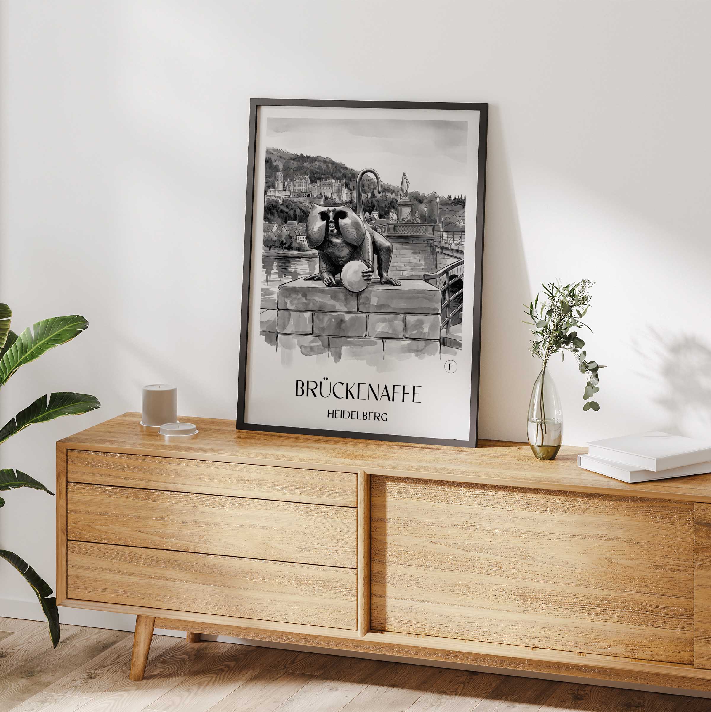 brückenaffe-heidelberg-deutschland-poster-aquarell-schwarz-weiss