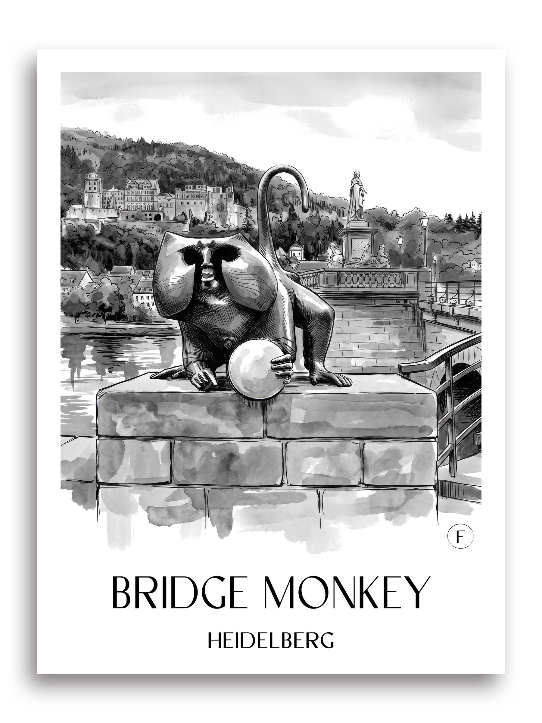 Brückenaffe Poster - Heidelberg - Deutschland Kunstdruck - Aquarell Schwarz-Weiß von A4 bis A1