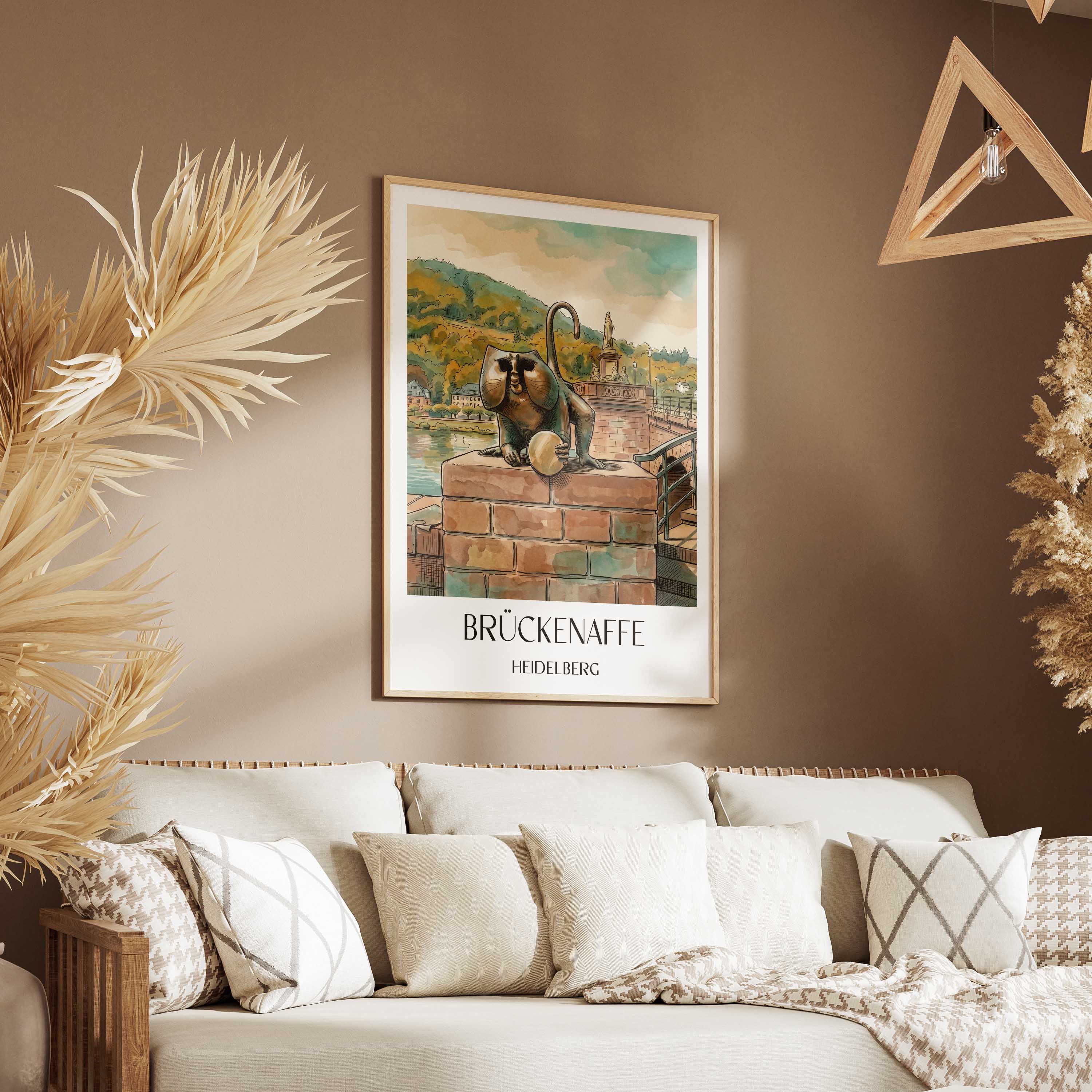 brückenaffe-heidelberg-deutschland-poster-aquarell