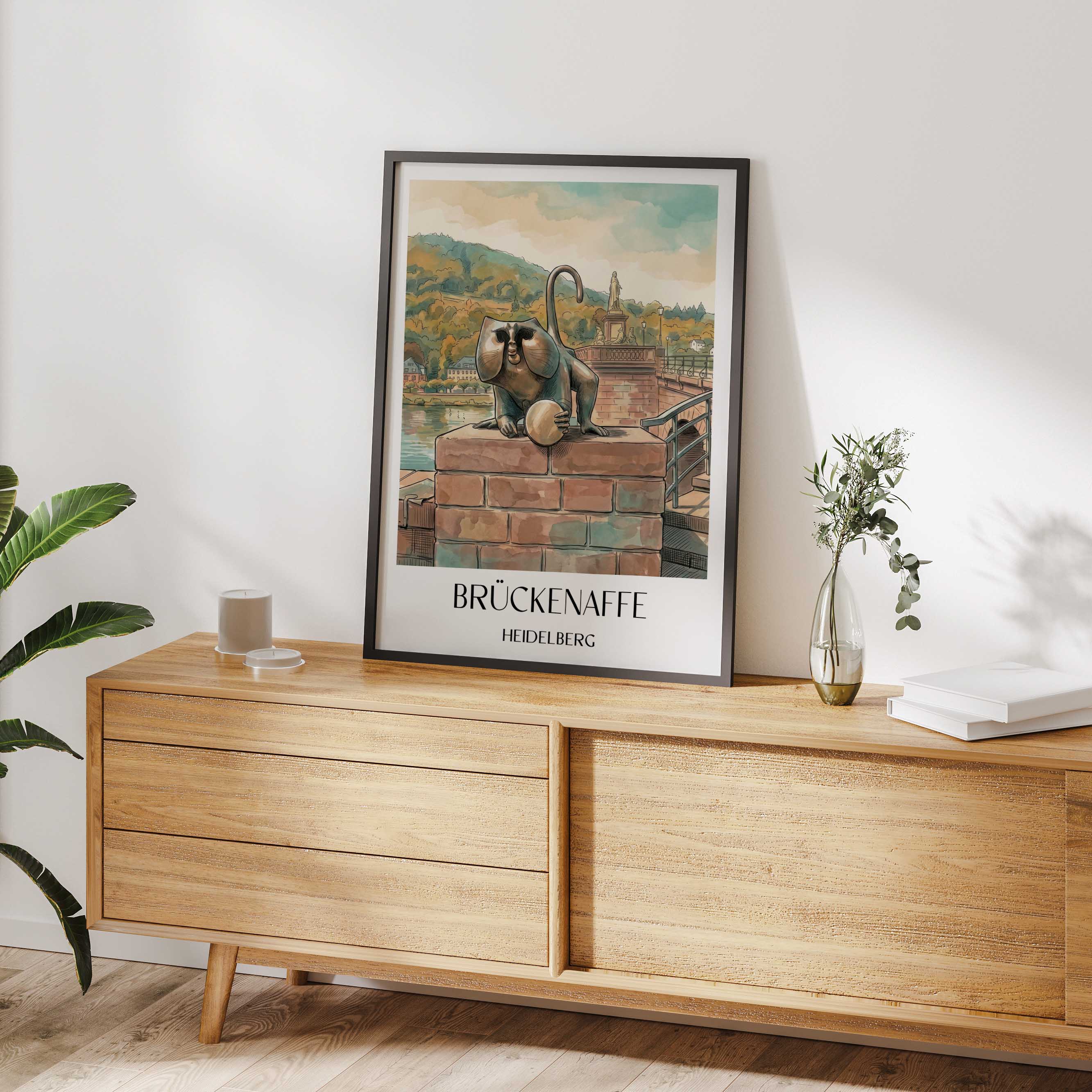 brückenaffe-heidelberg-deutschland-poster-aquarell