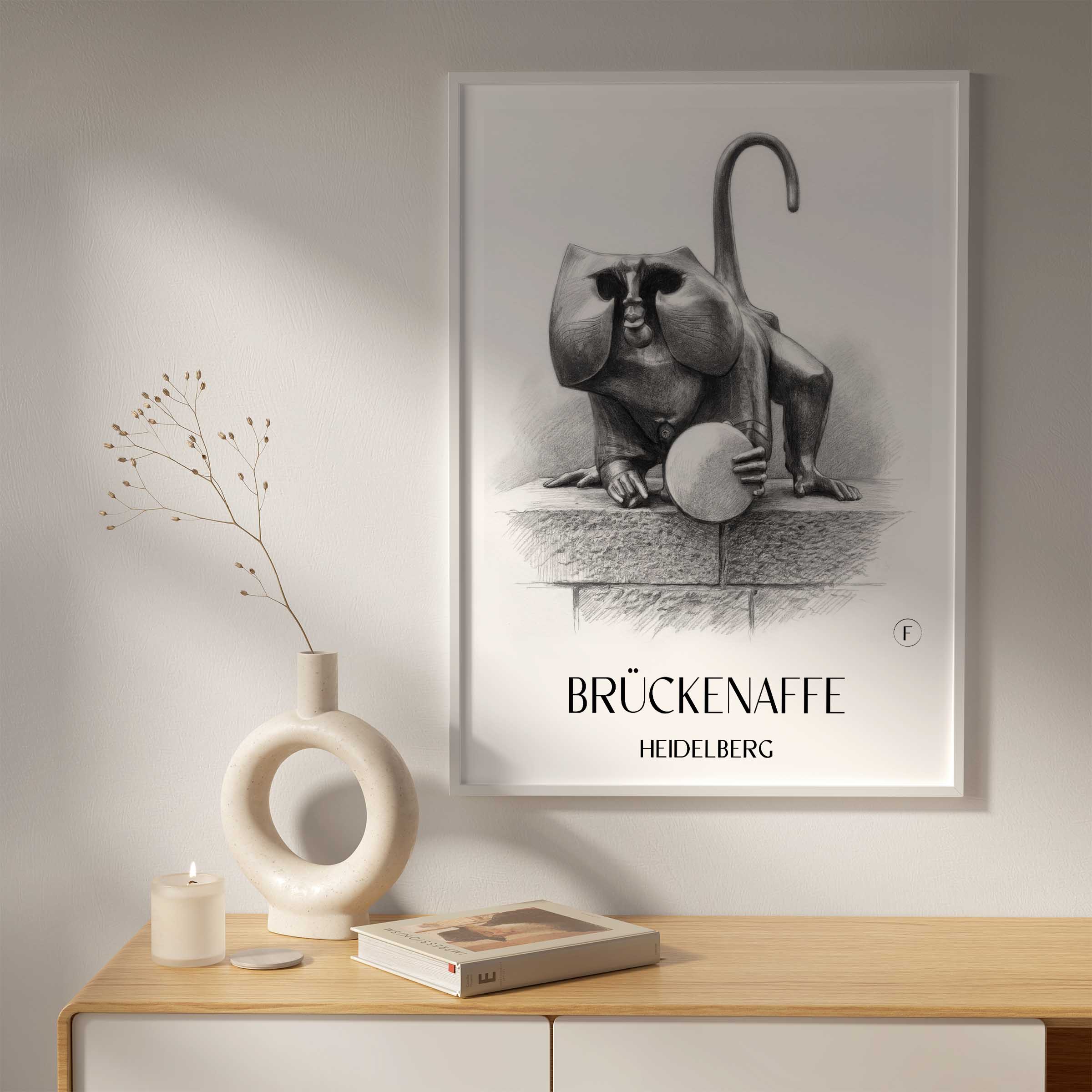 brückenaffe-heidelberg-deutschland-poster-bleistift-zeichnung-drawing