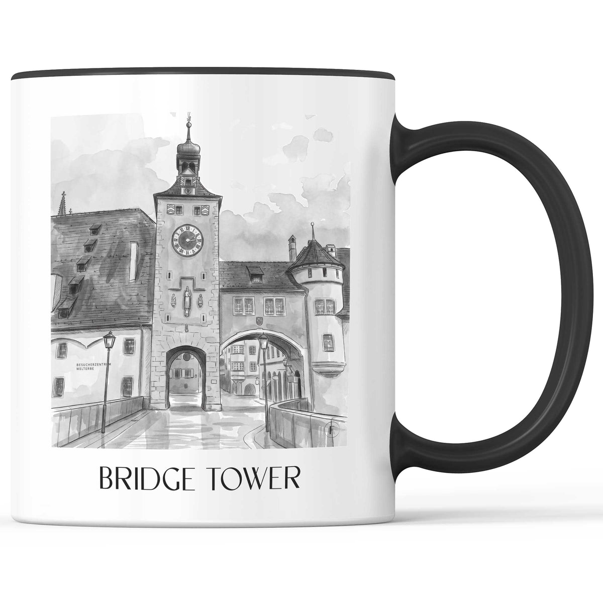 Brückturm Kaffeebecher - Regensburg - Deutschland Becher - Kaffeetasse im Aquarell Schwarz-Weiß Stil - favplace
