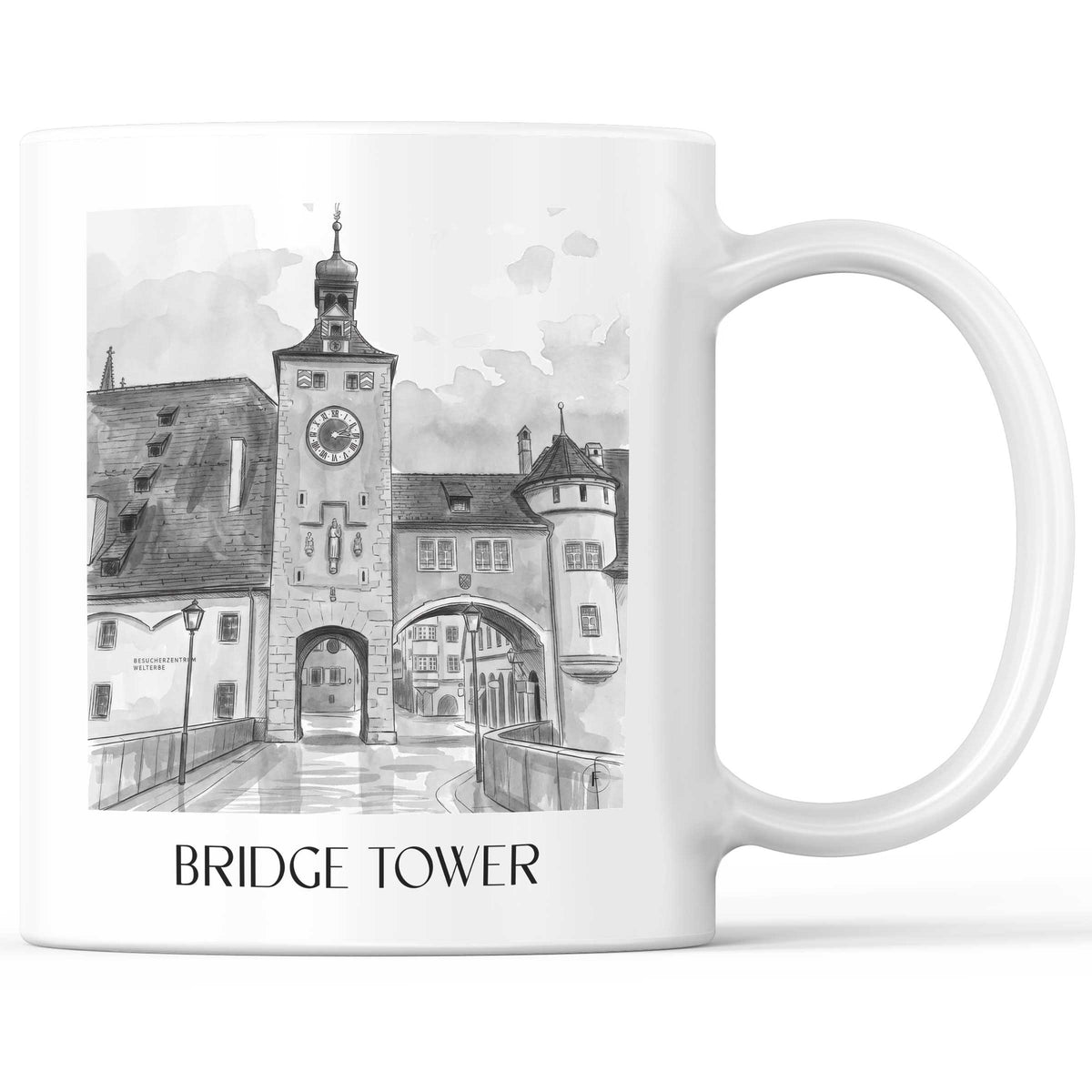 Brückturm Kaffeebecher - Regensburg - Deutschland Becher - Kaffeetasse im Aquarell Schwarz-Weiß Stil - favplace