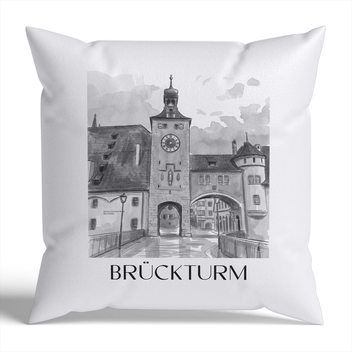brückturm-regensburg-deutschland-kissenbezug-aquarell-schwarz-weiss