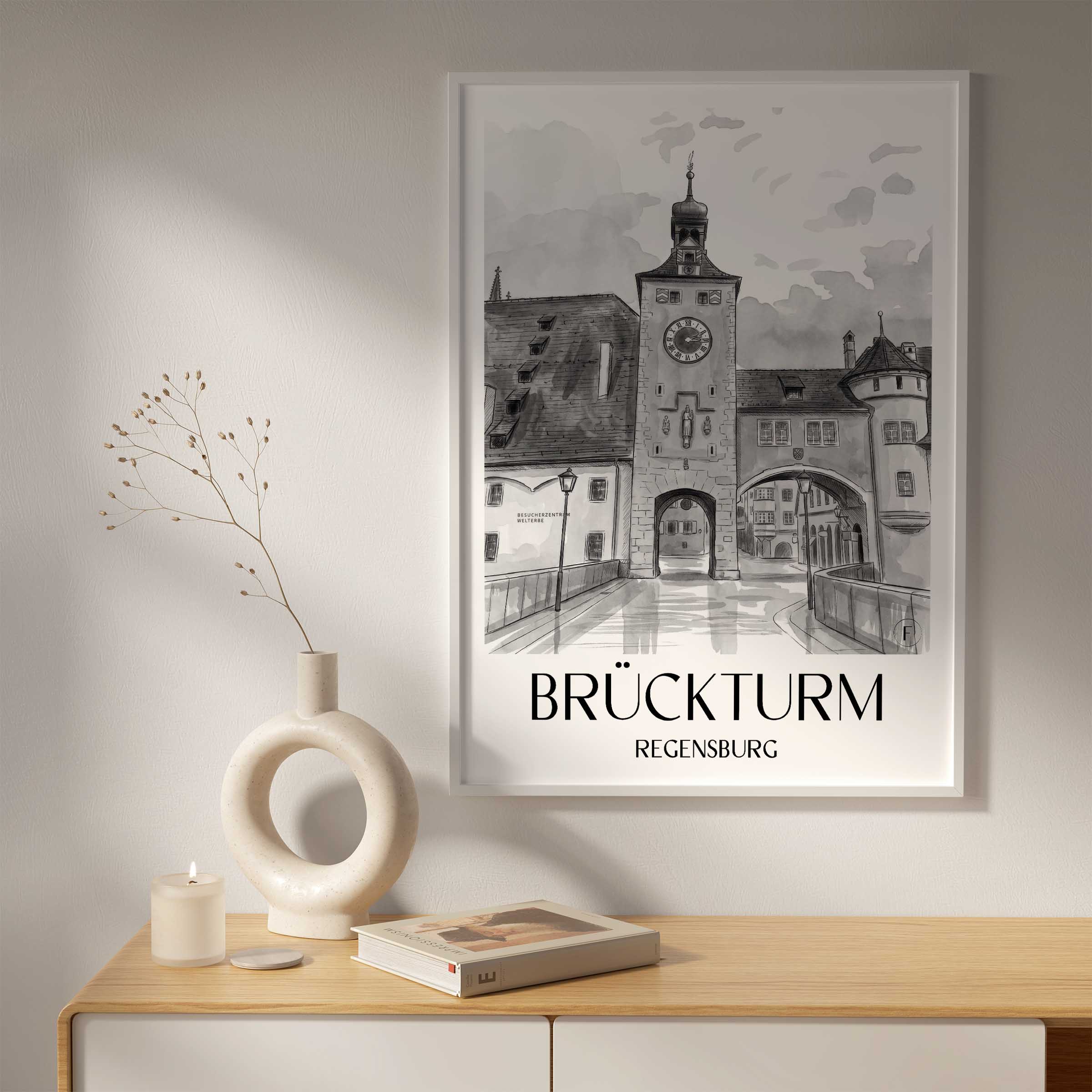 brückturm-regensburg-deutschland-poster-aquarell-schwarz-weiss
