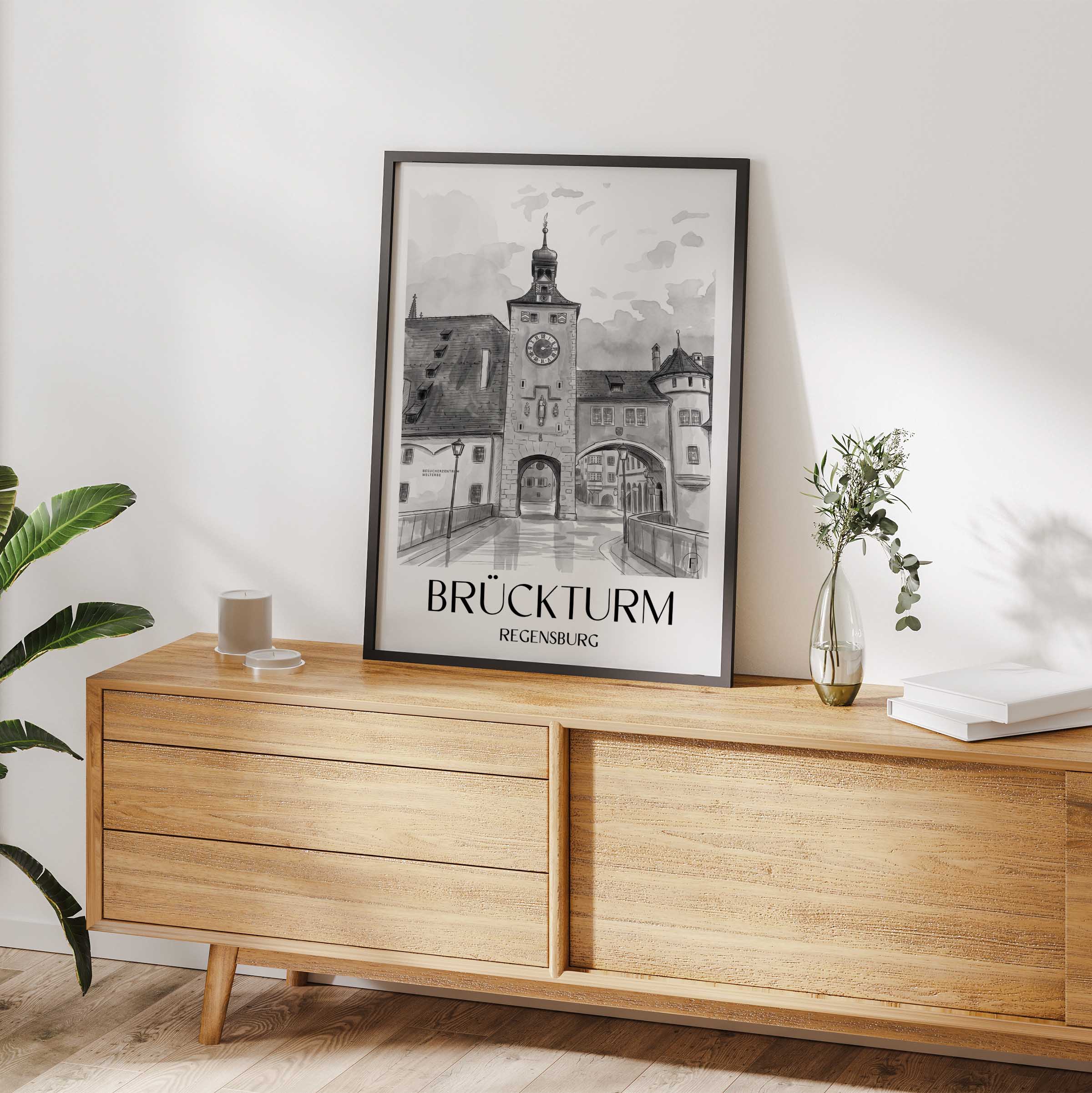 brückturm-regensburg-deutschland-poster-aquarell-schwarz-weiss