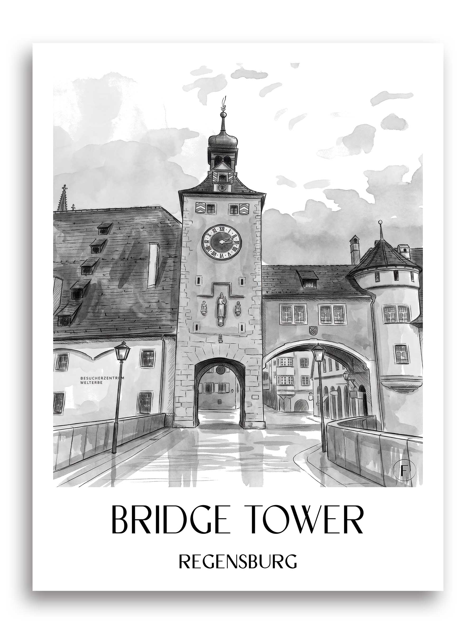 Brückturm Poster - Regensburg - Deutschland Kunstdruck - Aquarell Schwarz-Weiß von A4 bis A1