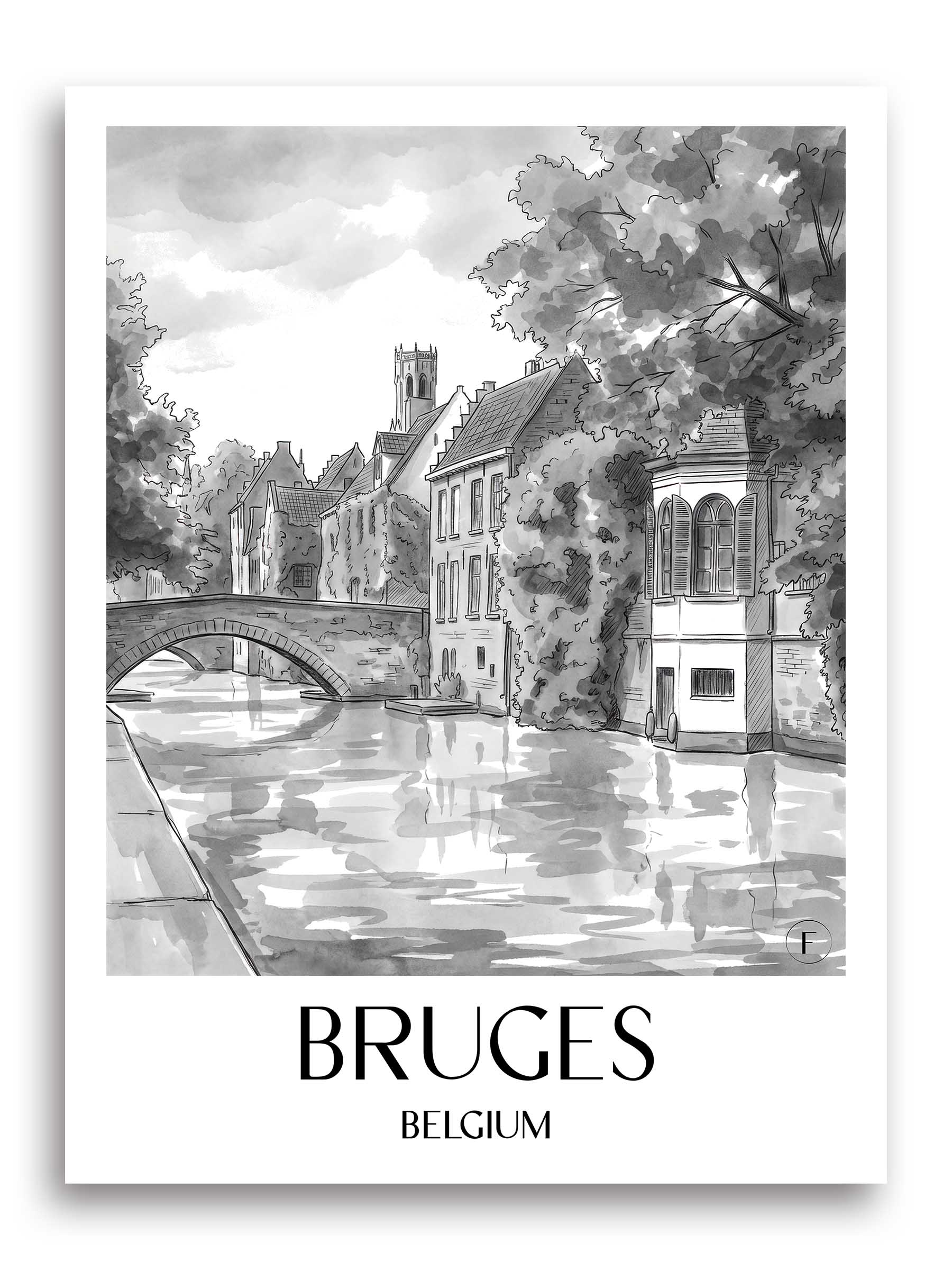 Brügge Poster - - Belgien Kunstdruck - Aquarell Schwarz-Weiß von A4 bis A1 - favplace