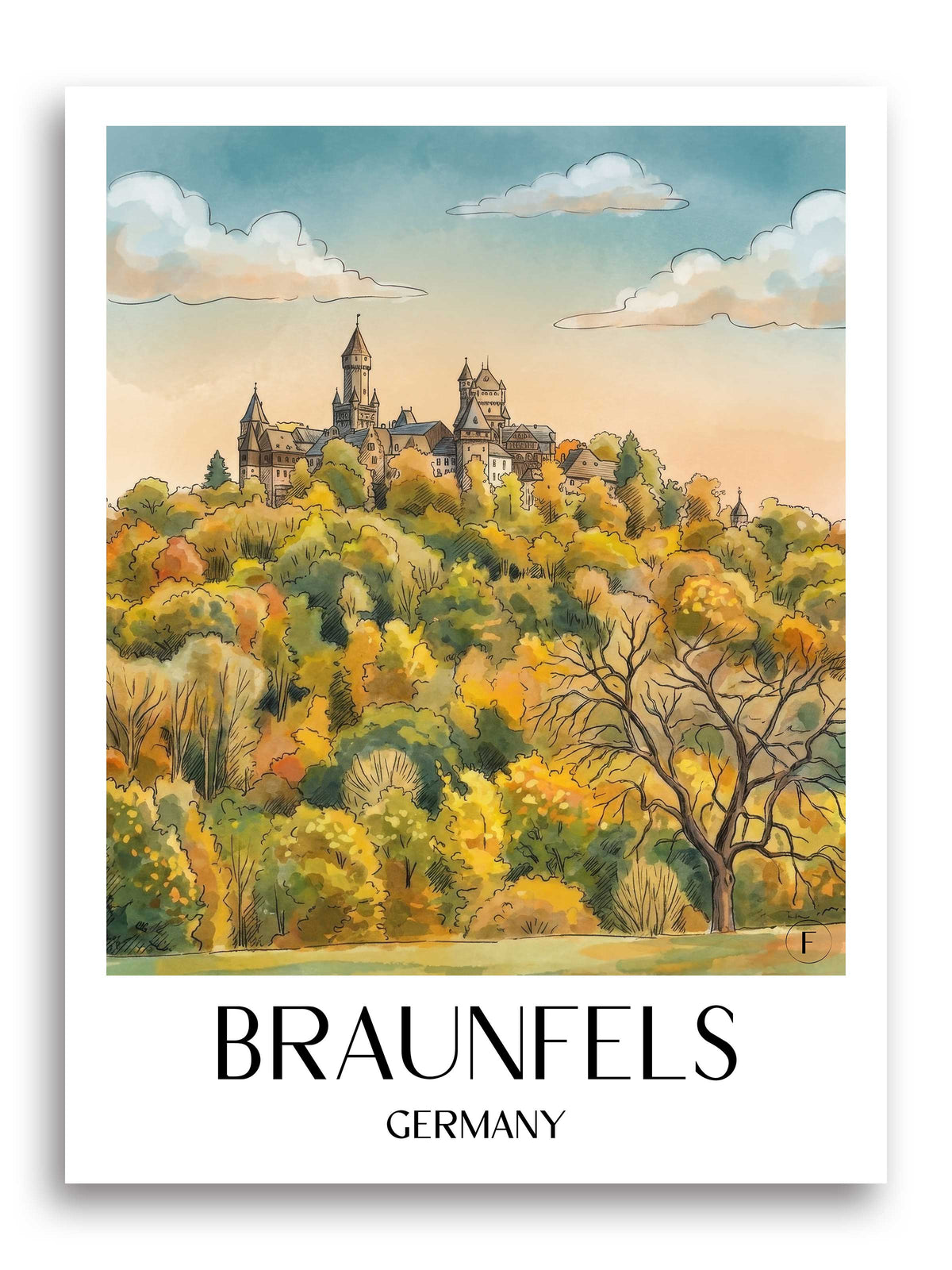 Braunfels Poster - Lahntal - Deutschland Kunstdruck - Aquarell von A4 bis A1 - favplace