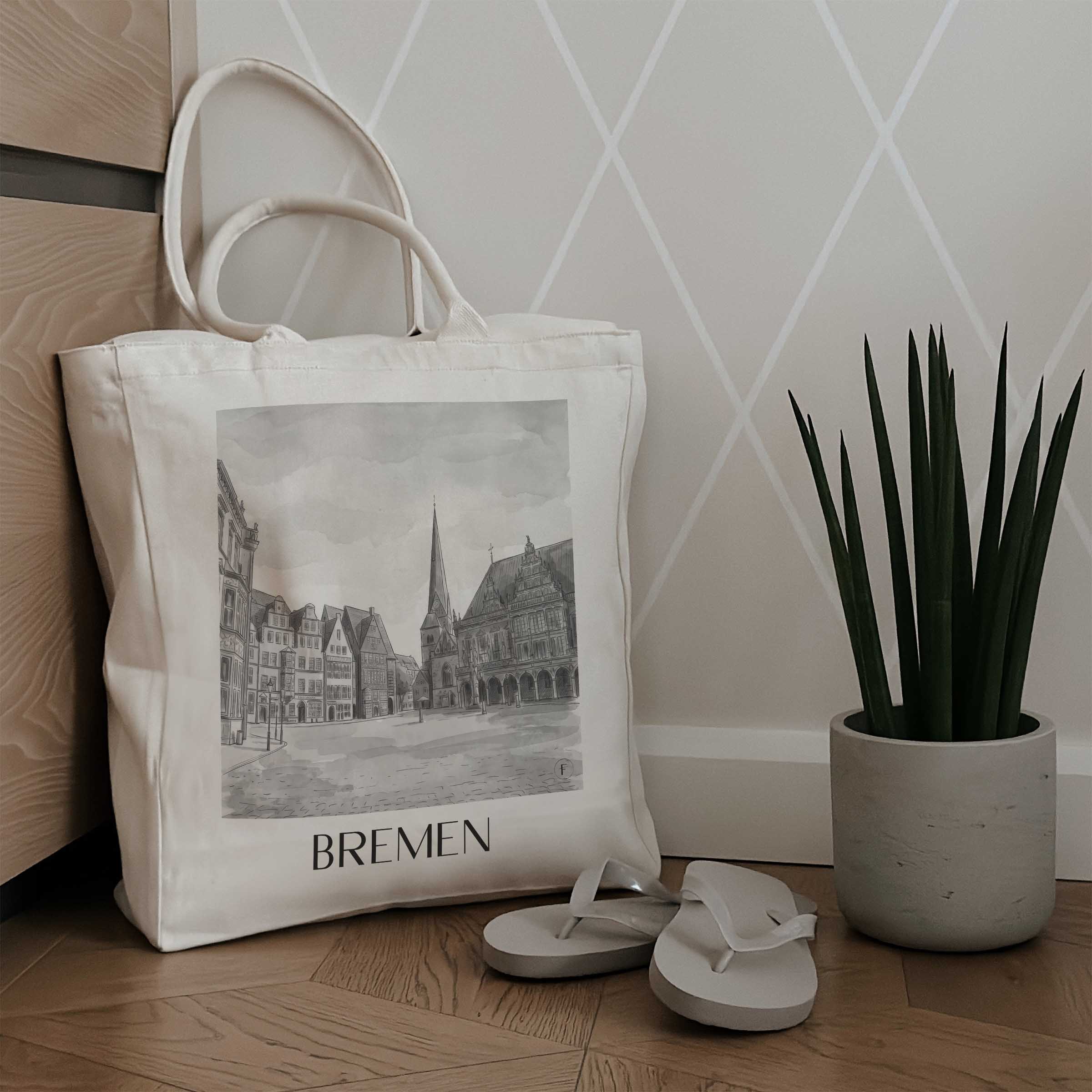 bremen-deutschland-einkaufstasche-aquarell-schwarz-weiss