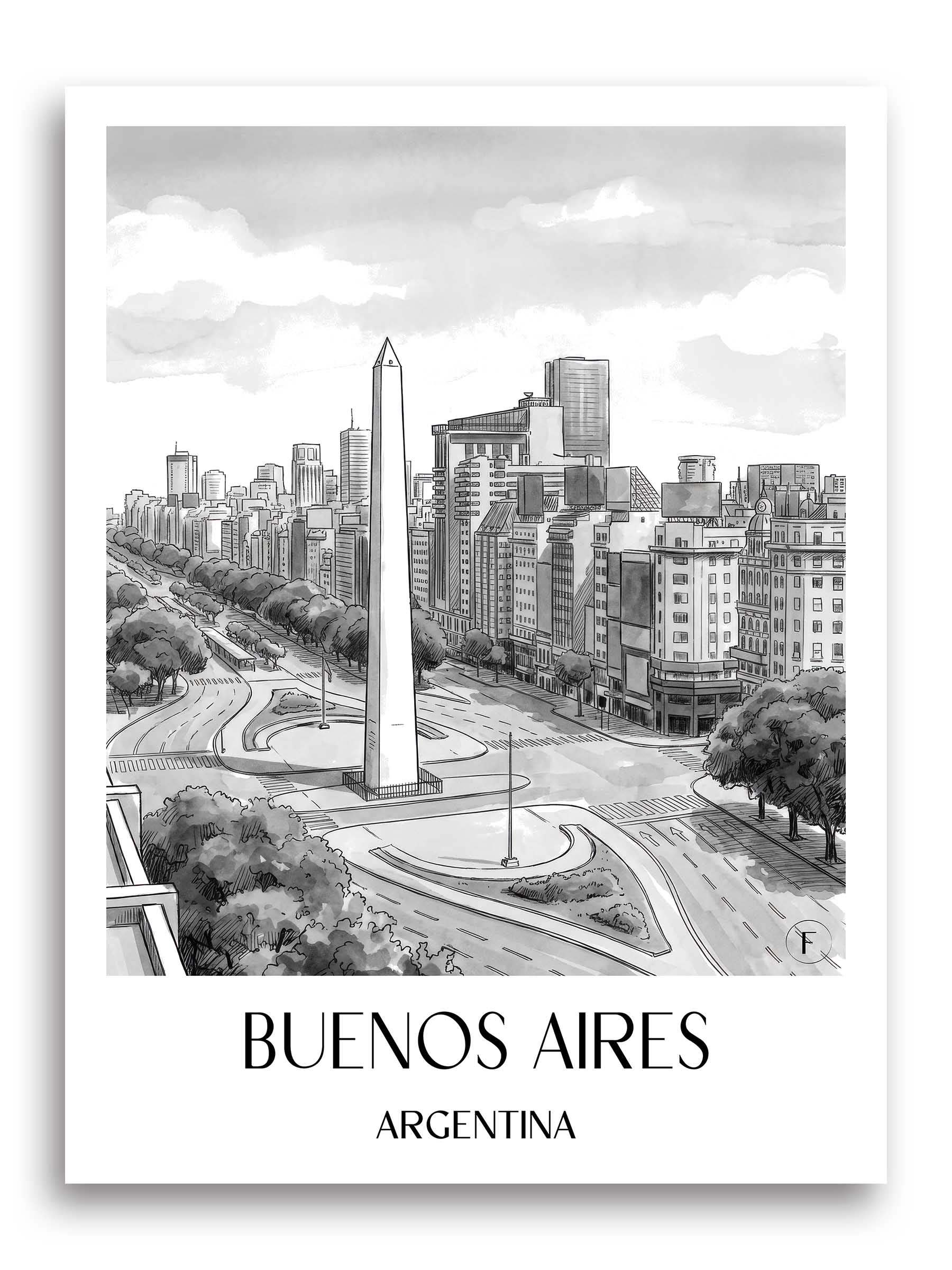 Buenos Aires Poster - - Argentinien Kunstdruck - Aquarell Schwarz-Weiß von A4 bis A1 - favplace