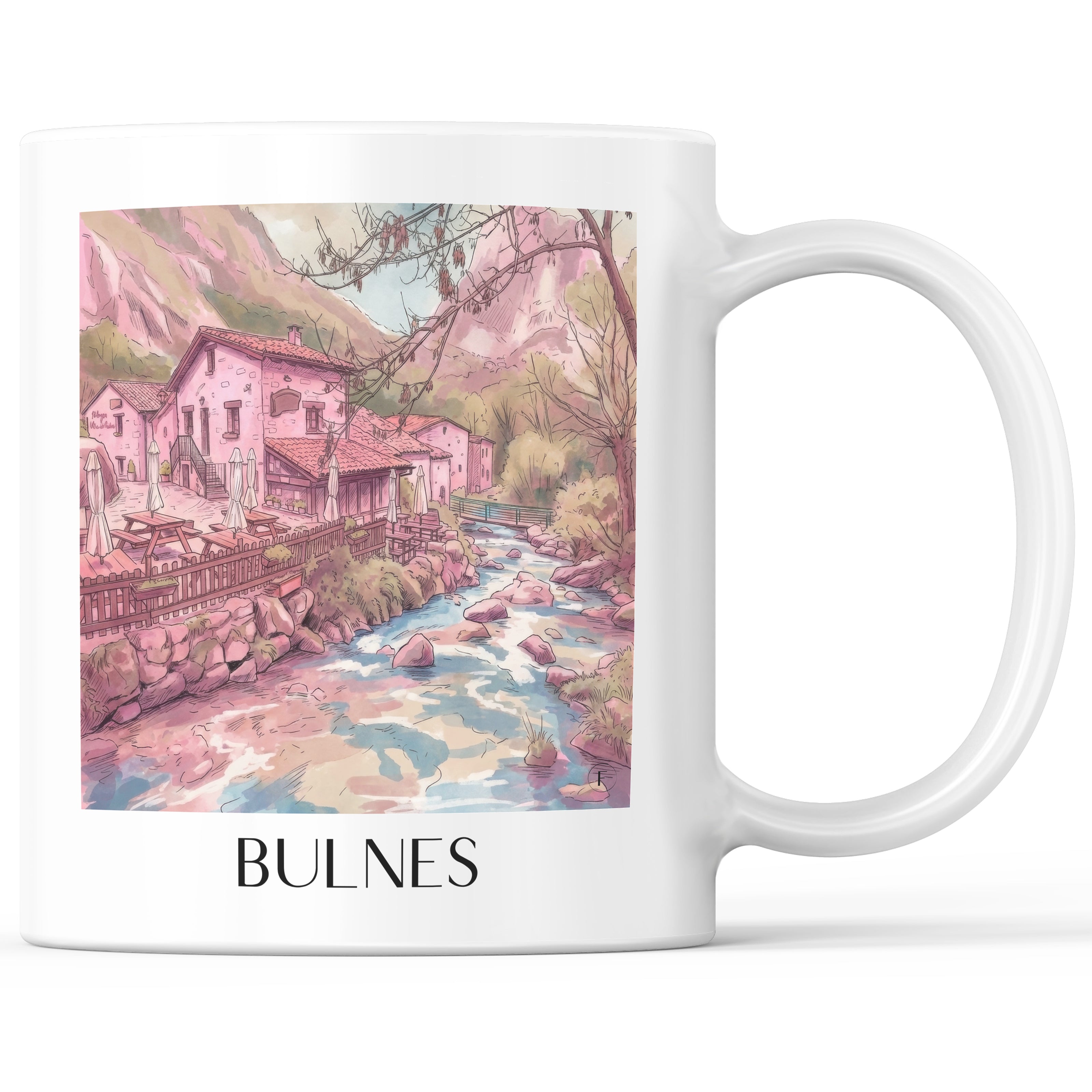 Bulnes Kaffeebecher - Cabrales - Spanien Becher - Kaffeetasse im Aquarell Pink Stil - favplace