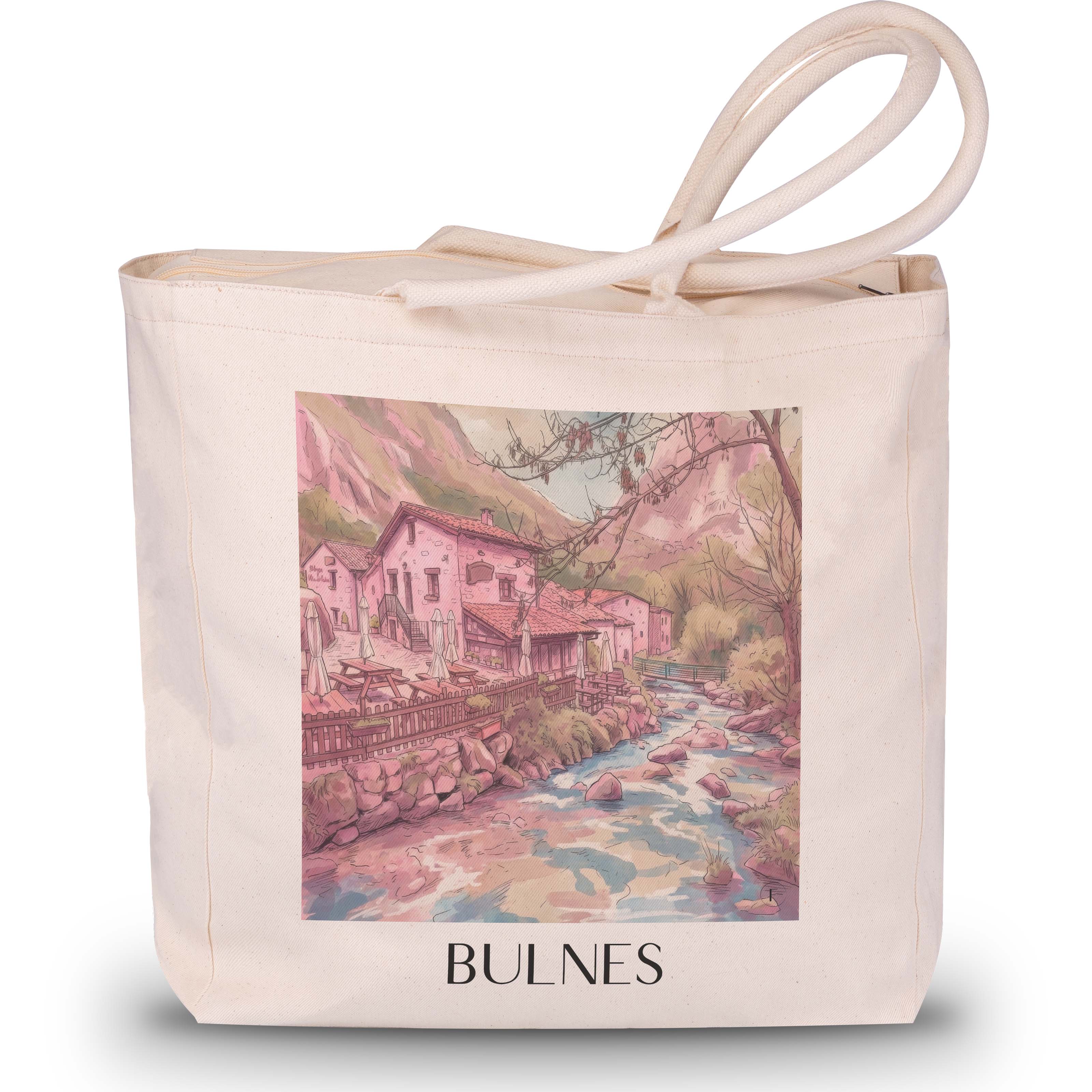 bulnes-cabrales-spanien-einkaufstasche-aquarell-pink-rosa