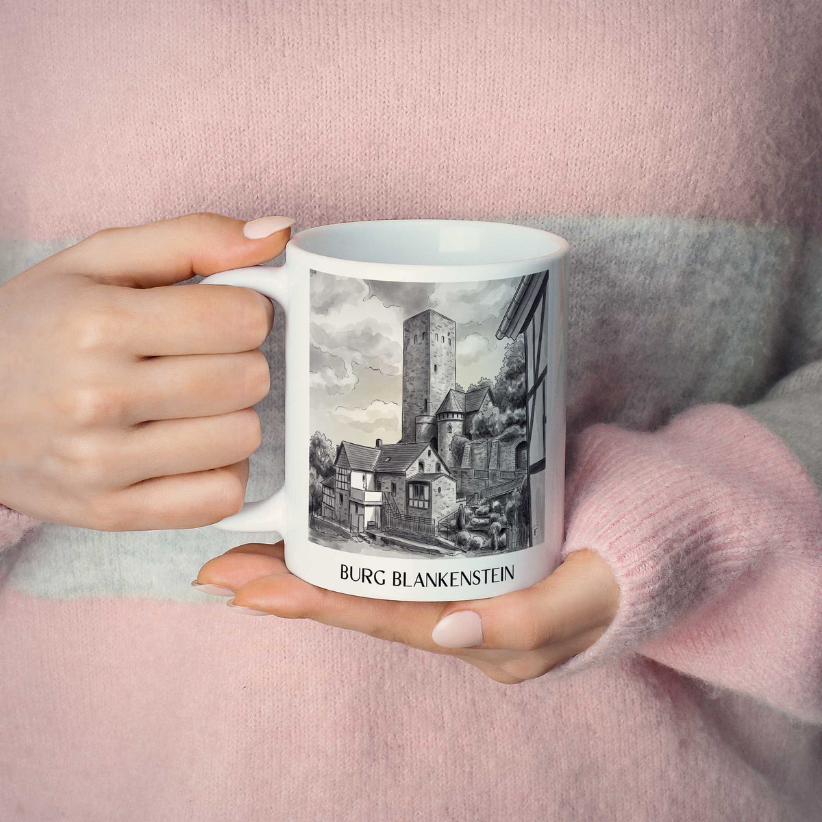 burg-blankenstein-hattingen-deutschland-kaffeebecher-aquarell-schwarz-weiss
