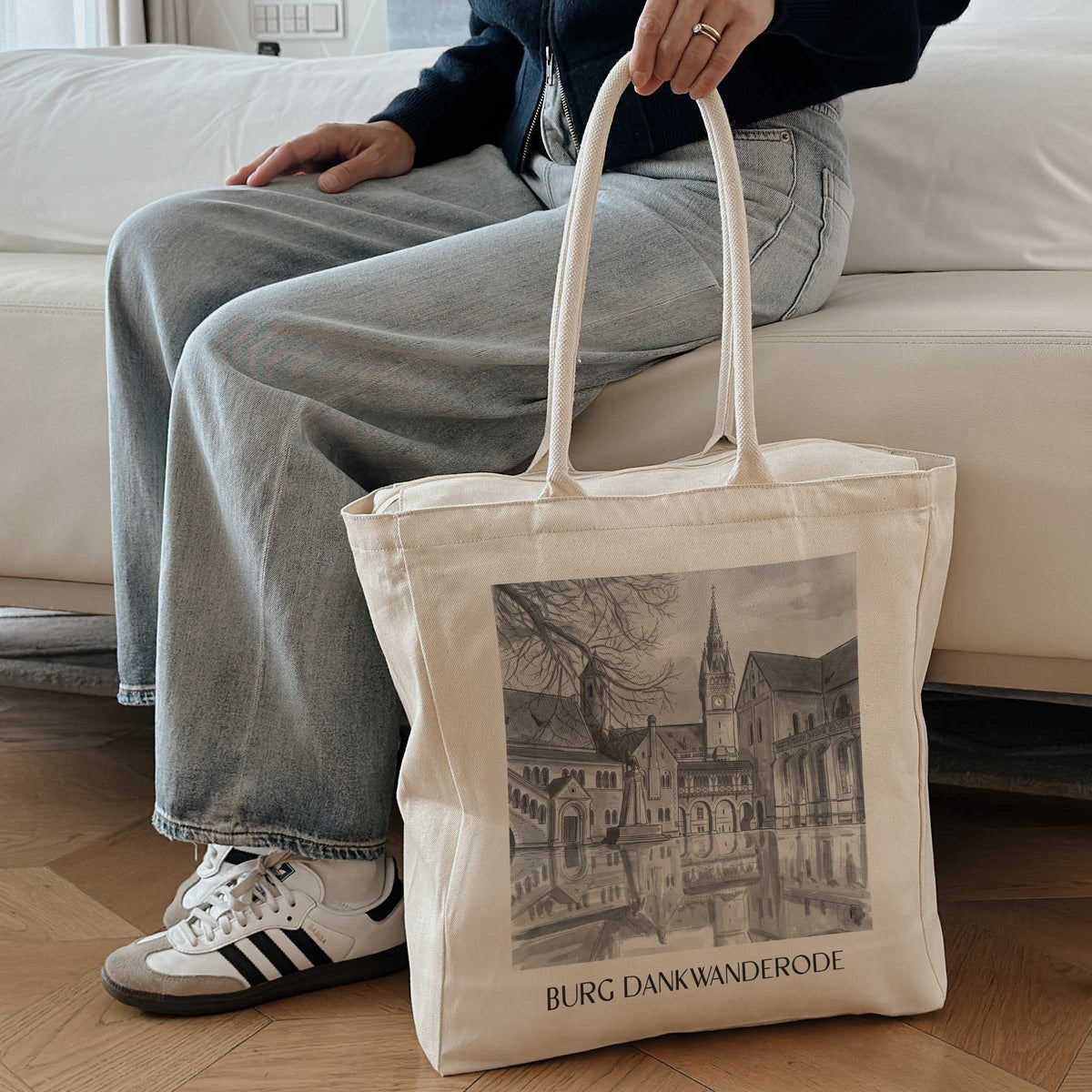 burg-dankwanderode-niedersachsen-deutschland-einkaufstasche-aquarell-schwarz-weiss