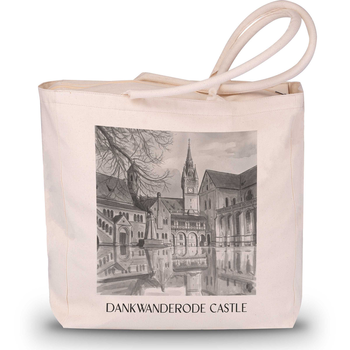 Burg Dankwanderode Shopping Tasche - Niedersachsen - Deutschland Tote Bag - Einkaufstasche im Aquarell Schwarz-Weiß Stil - favplace