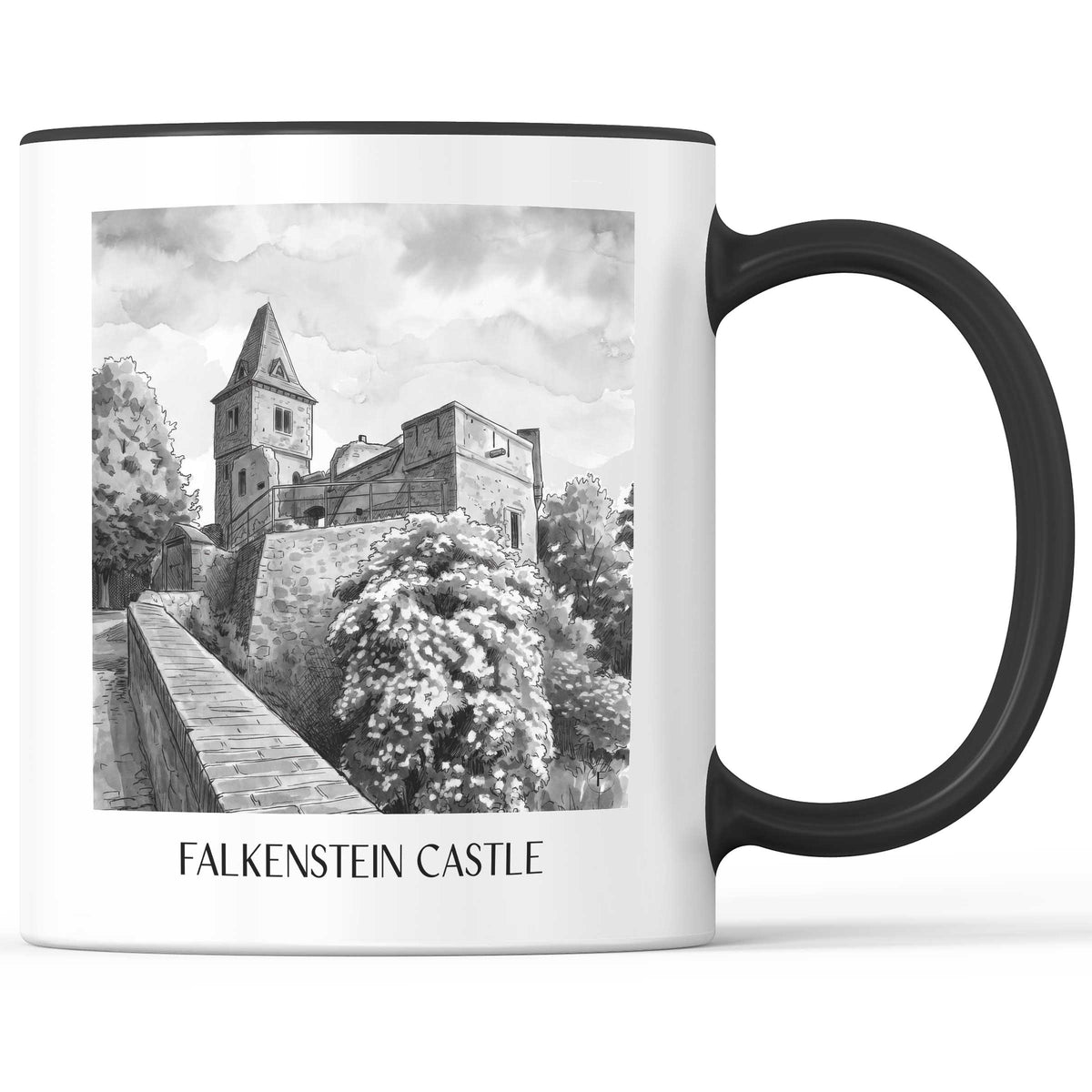 Burg Falkenstein Kaffeebecher - Mühltal - Deutschland Becher - Kaffeetasse im Aquarell Schwarz-Weiß Stil - favplace