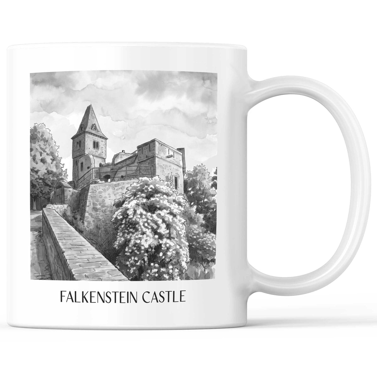 Burg Falkenstein Kaffeebecher - Mühltal - Deutschland Becher - Kaffeetasse im Aquarell Schwarz-Weiß Stil - favplace