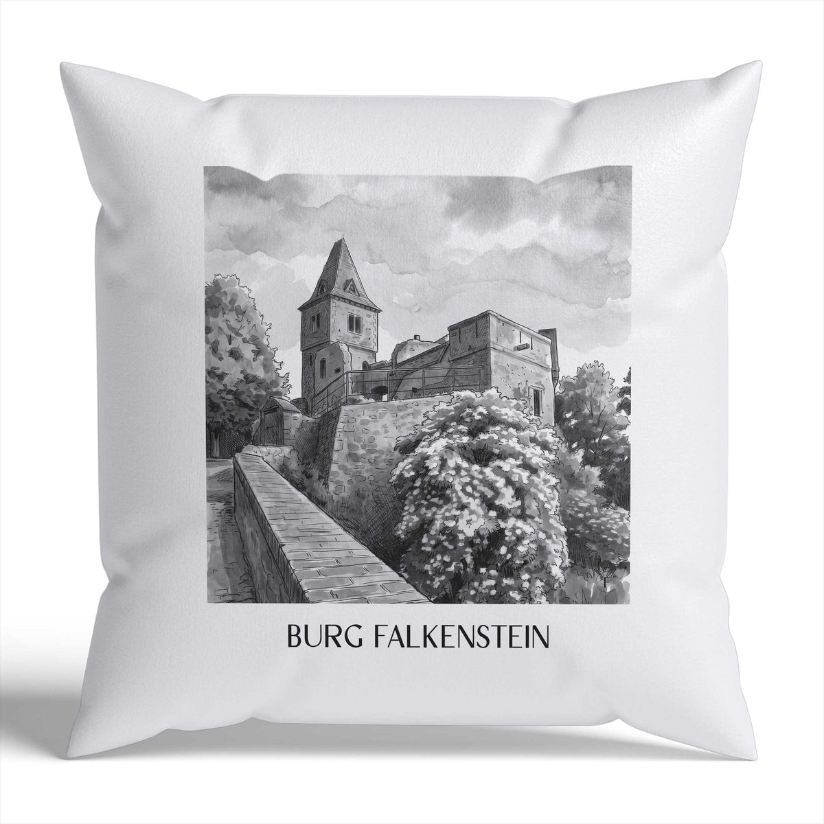 burg-falkenstein-mühltal-deutschland-kissenbezug-aquarell-schwarz-weiss